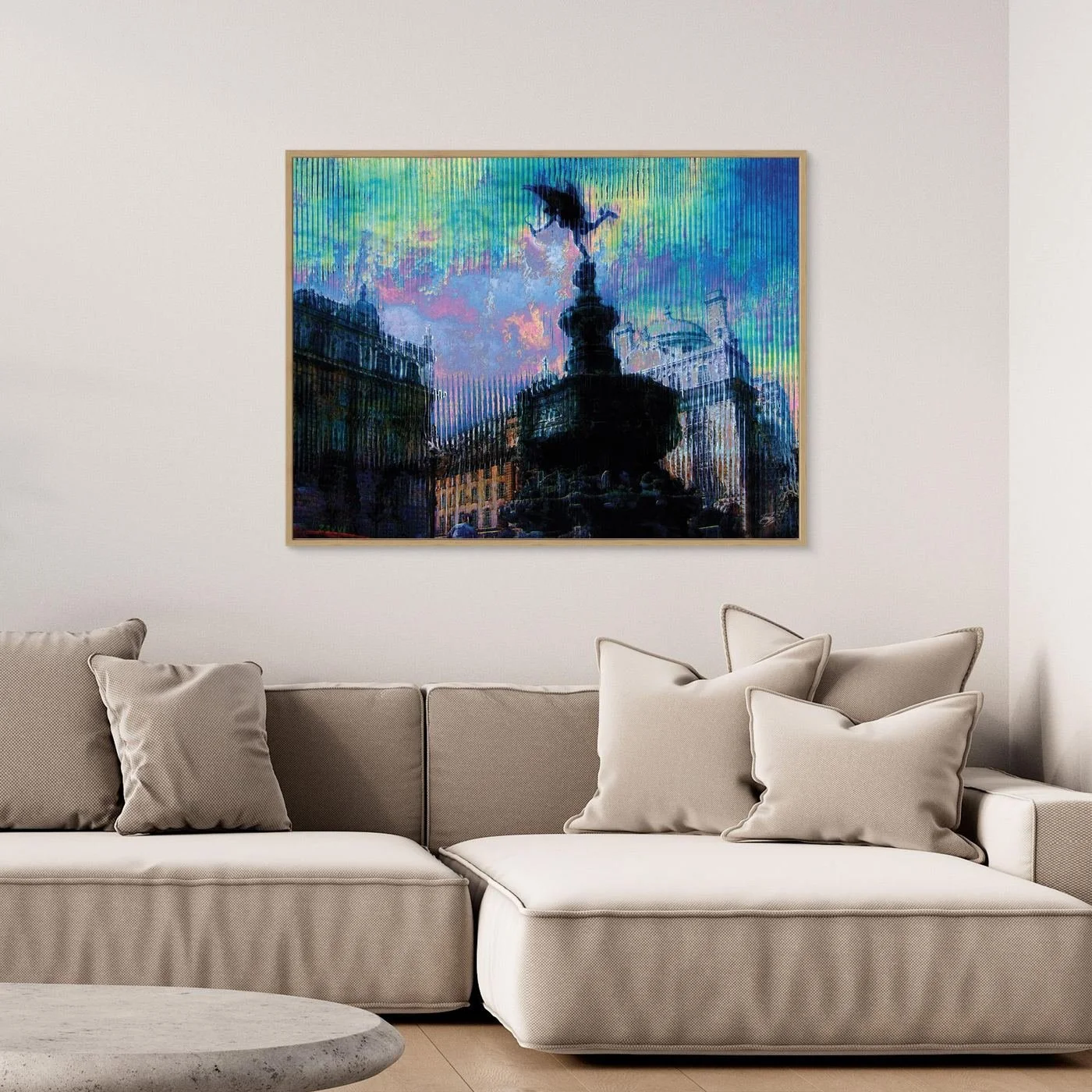 Contemporary fine art of Piccadilly Circus in London, deconstructed through a vertical glitch texture with a vibrant twilight color palette, framed and ready to hang. Over grey couch