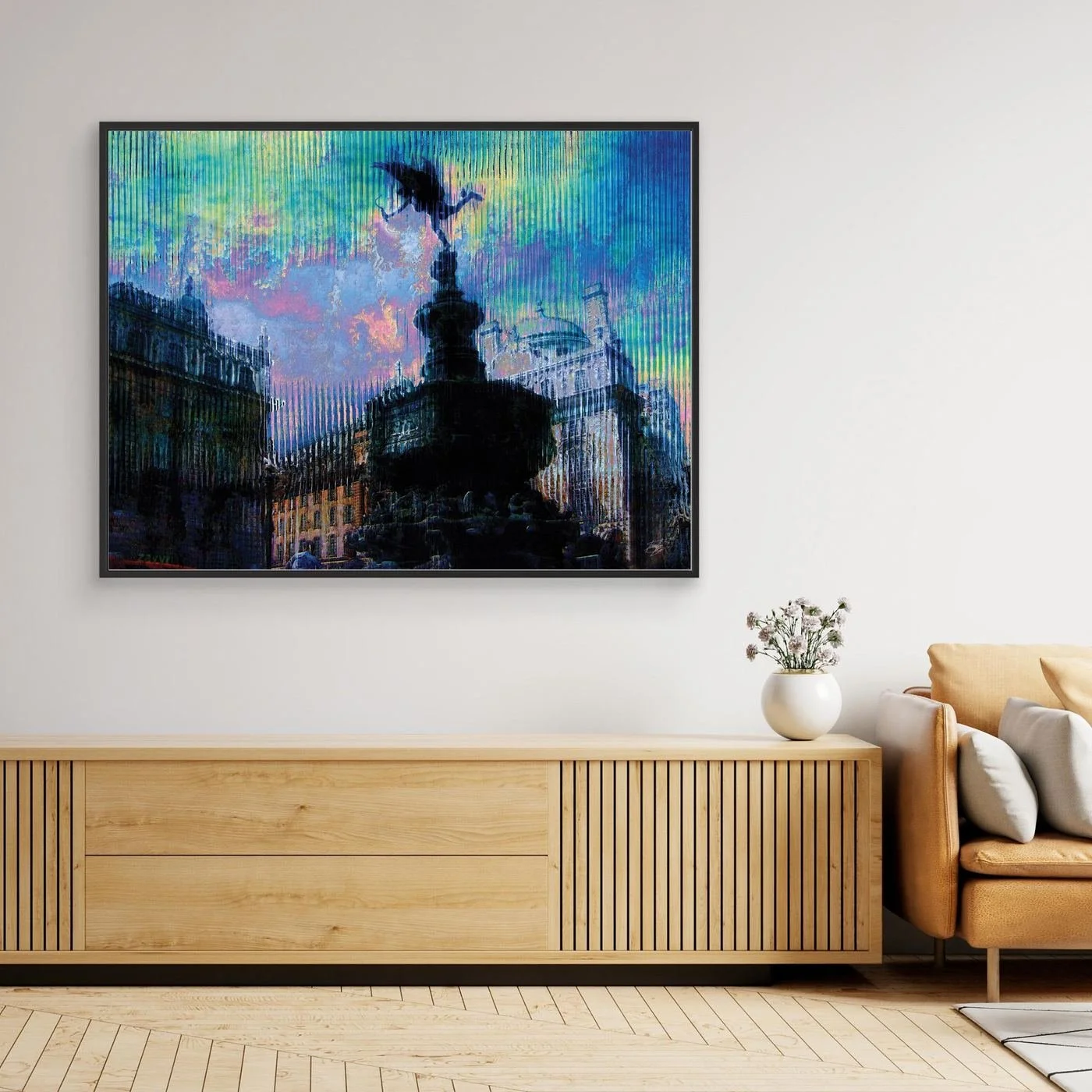 Contemporary fine art of Piccadilly Circus in London, deconstructed through a vertical glitch texture with a vibrant twilight color palette, framed and ready to hang. Over wooden console