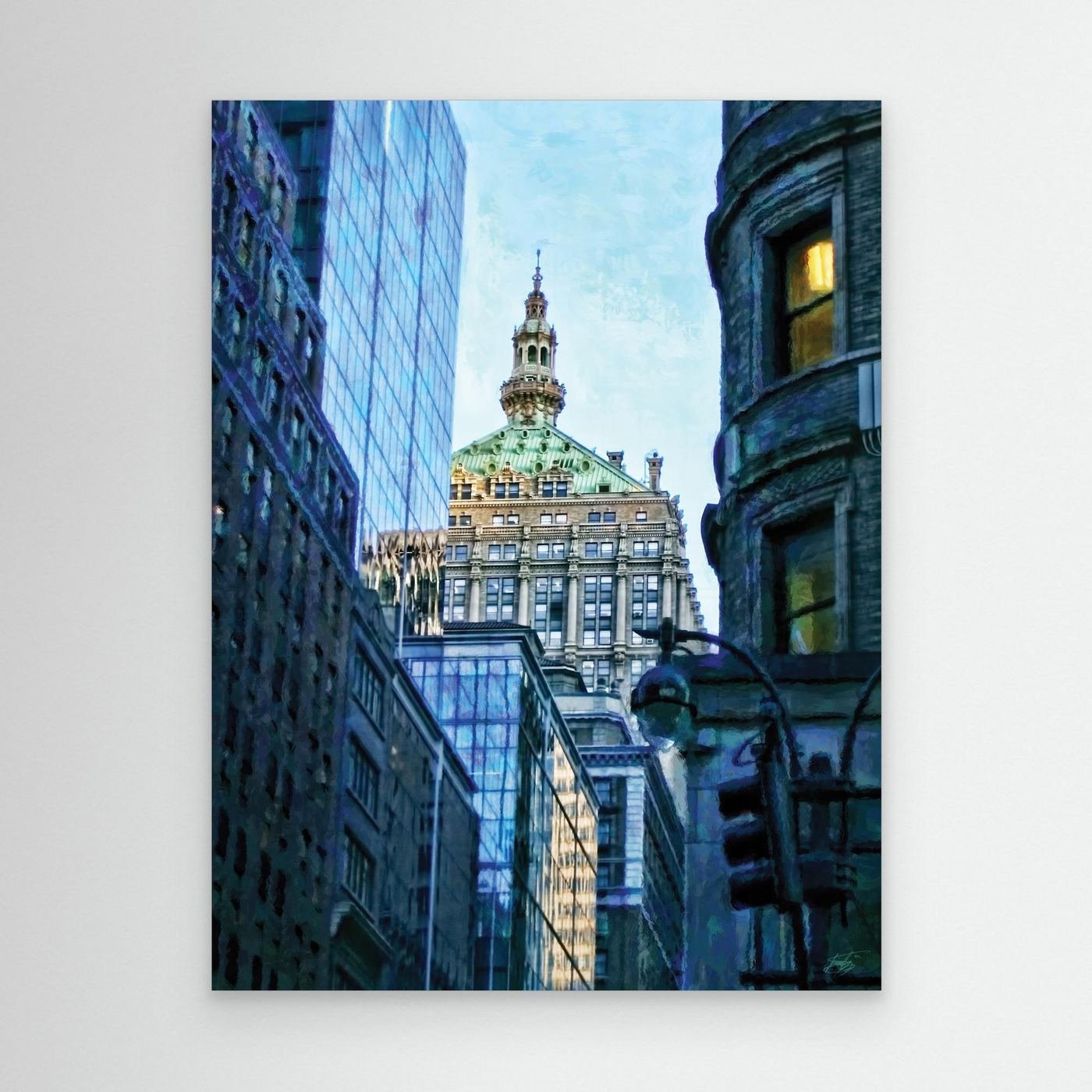 Impressionist fine art print showcasing a Manhattan street perspective in New York, with an ornate historic building dome framed by modern blue glass skyscrapers, framed and ready to hang.