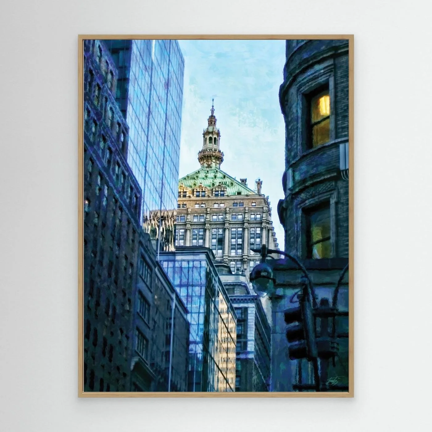 Impressionist art print of a Manhattan street perspective, with an historic building dome framed by modern blue glass skyscrapers, framed and ready to hang. With wooden frame