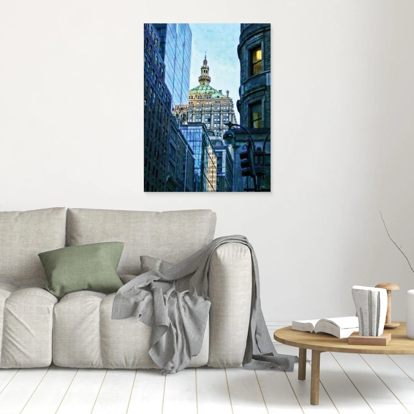 Impressionist art print of a Manhattan street perspective, with an historic building dome framed by modern blue glass skyscrapers, framed and ready to hang. In living room
