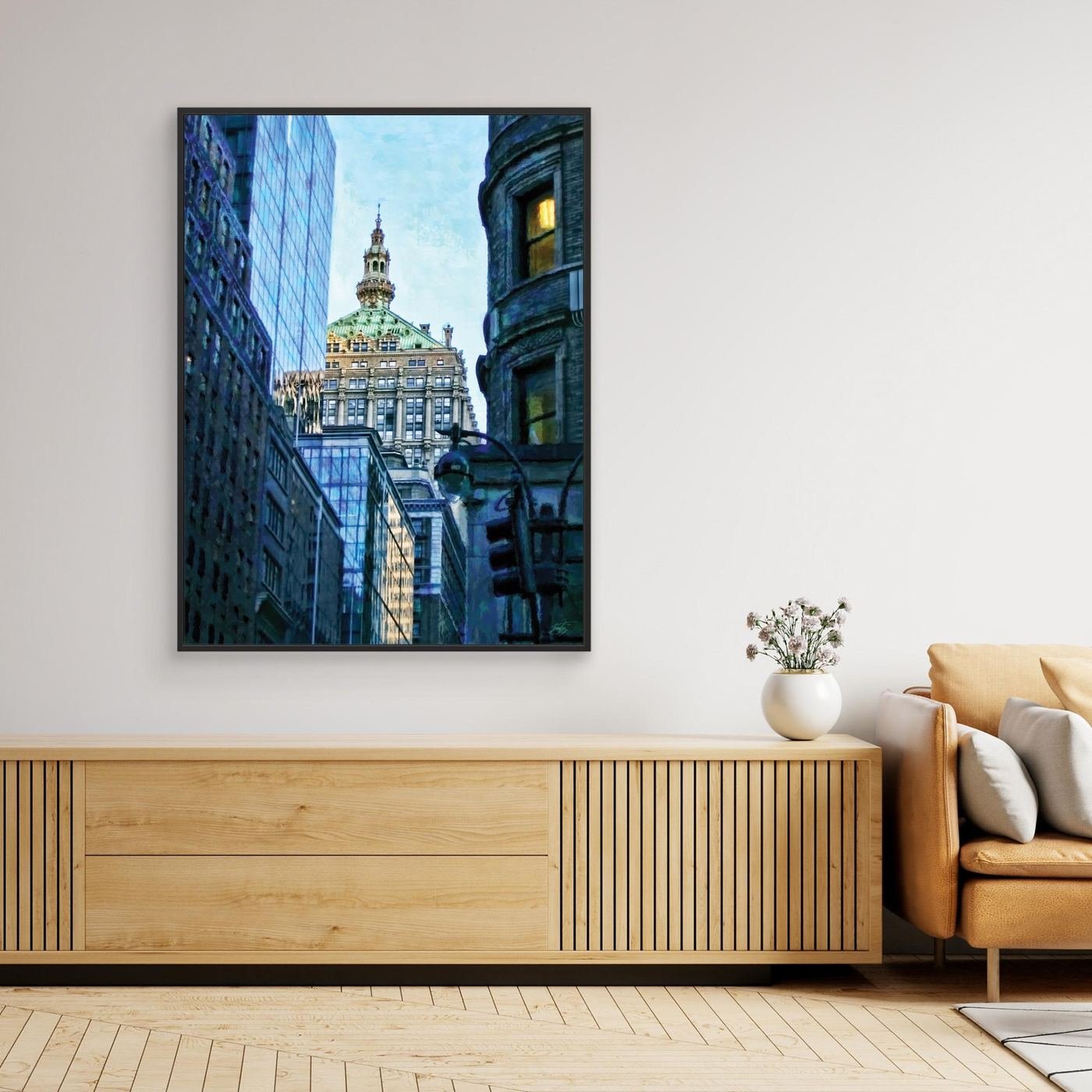 Impressionist art print of a Manhattan street perspective, with an historic building dome framed by modern blue glass skyscrapers, framed and ready to hang. Over wooden console