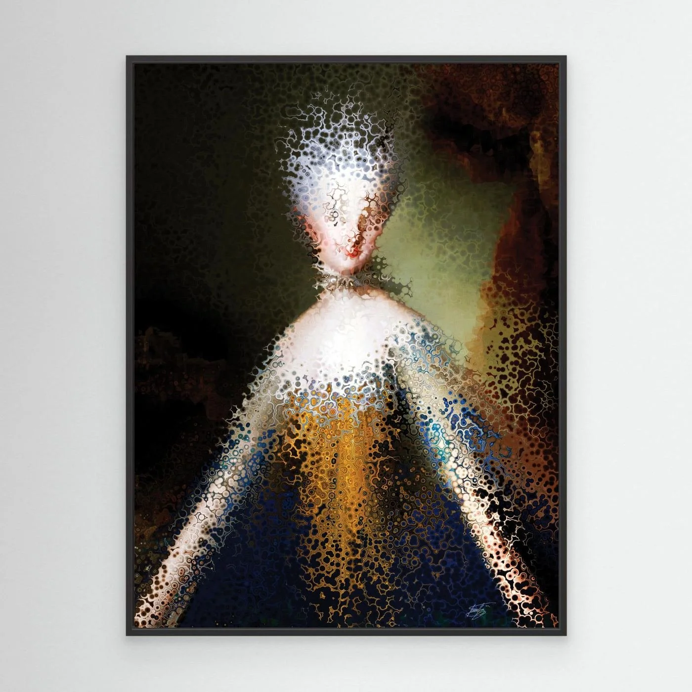 Contemporary fine art print showcasing a deconstructed classical royal portrait with complex fractal and cellular stipple patterns in gold and dark blue, framed and ready to hang. With black frame