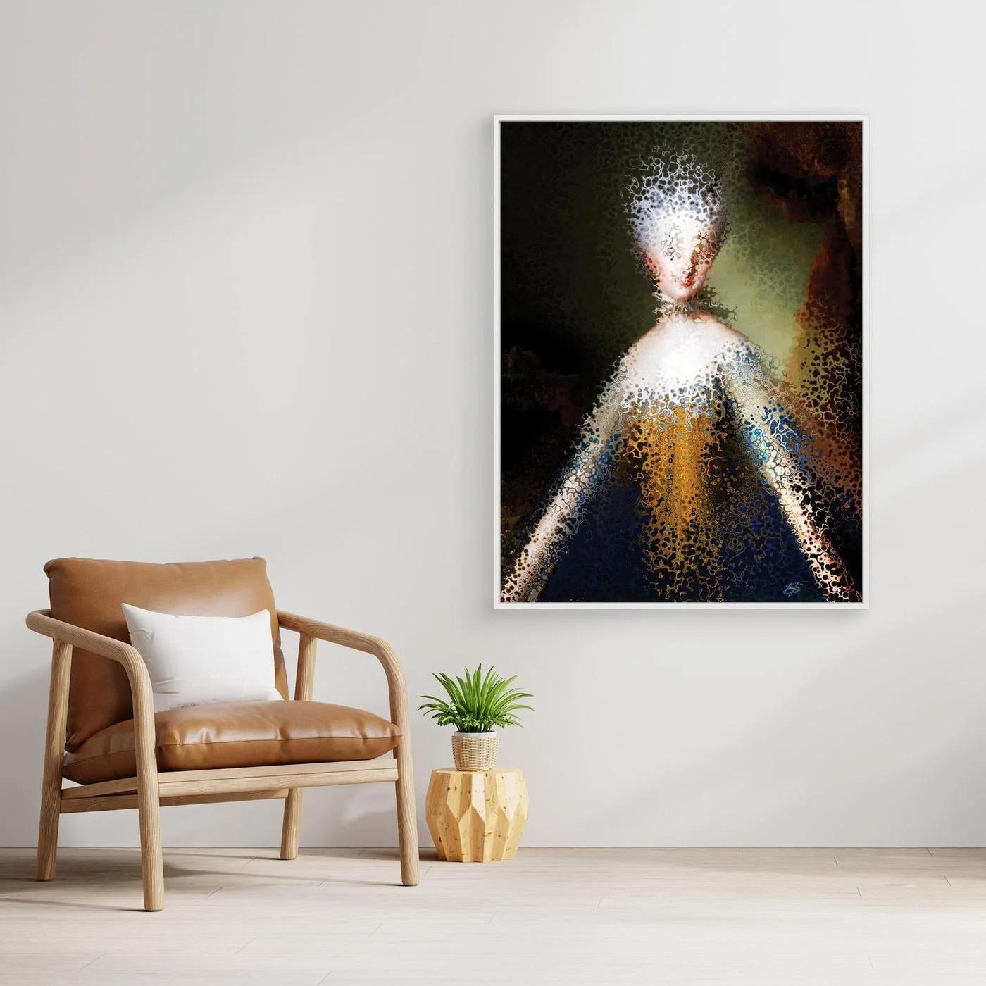 Contemporary fine art print showcasing a deconstructed classical royal portrait with complex fractal and cellular stipple patterns in gold and dark blue, framed and ready to hang. With chair