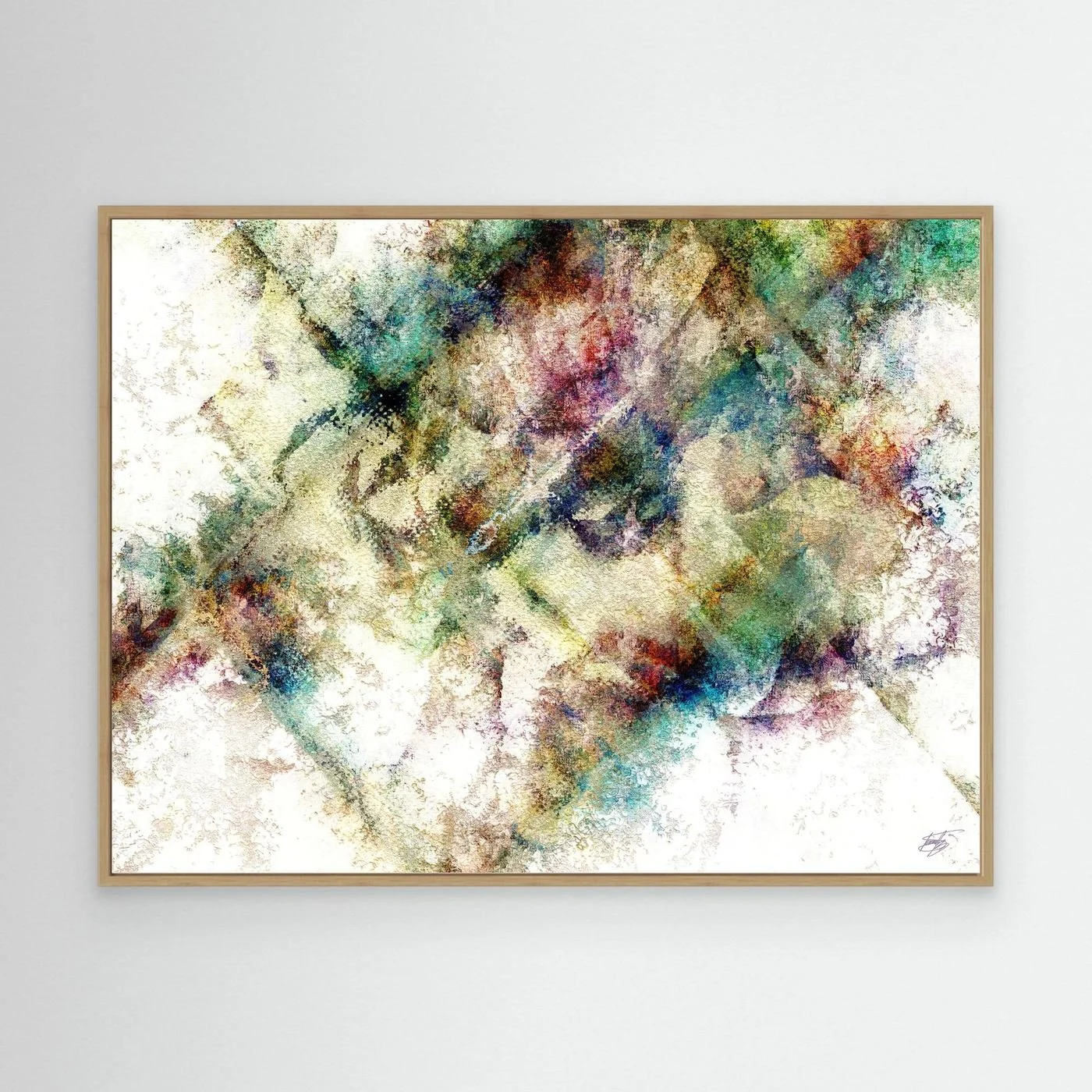 Abstract fine art print with heavy distressed textures and geometric overlays in green, gold, and burgundy tones on a bright background, framed and ready to hang. With wooden frame