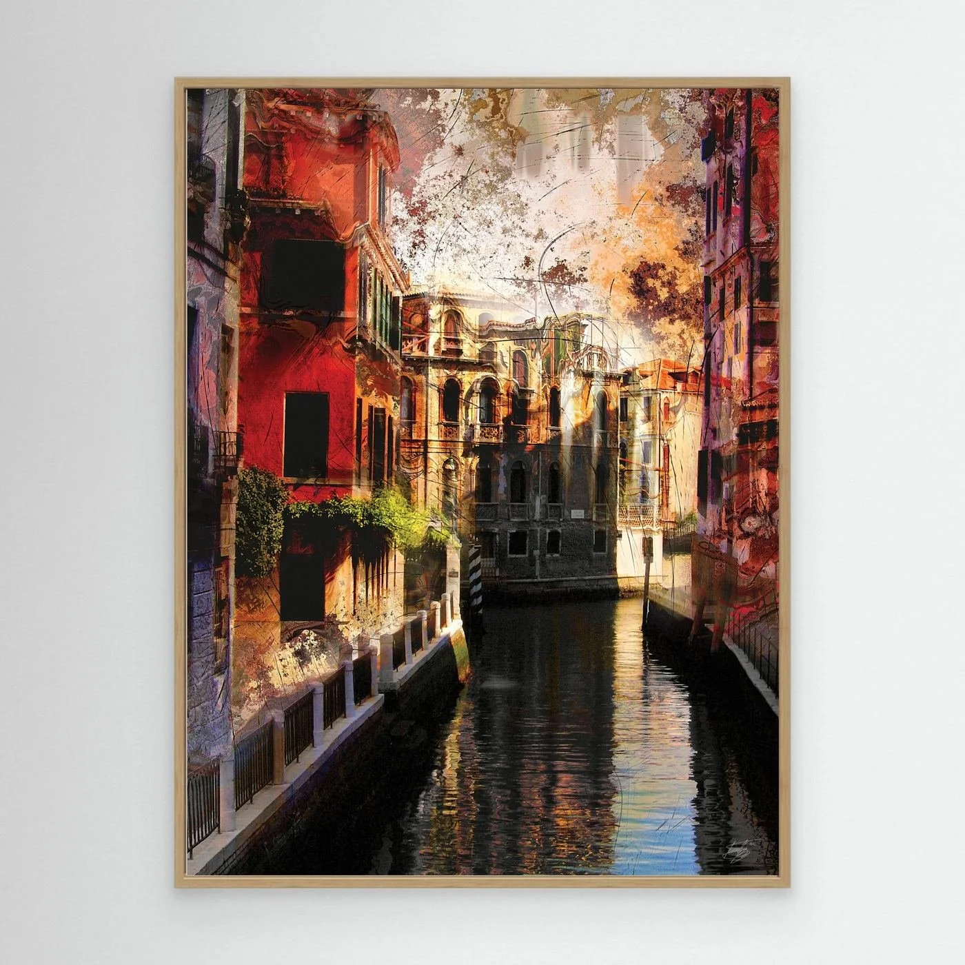 Abstract fine art print of a classic Venice canal landscape with heavy grunge textures, featuring historic architecture in vibrant red and gold tones, framed and ready to hang. With wooden frame