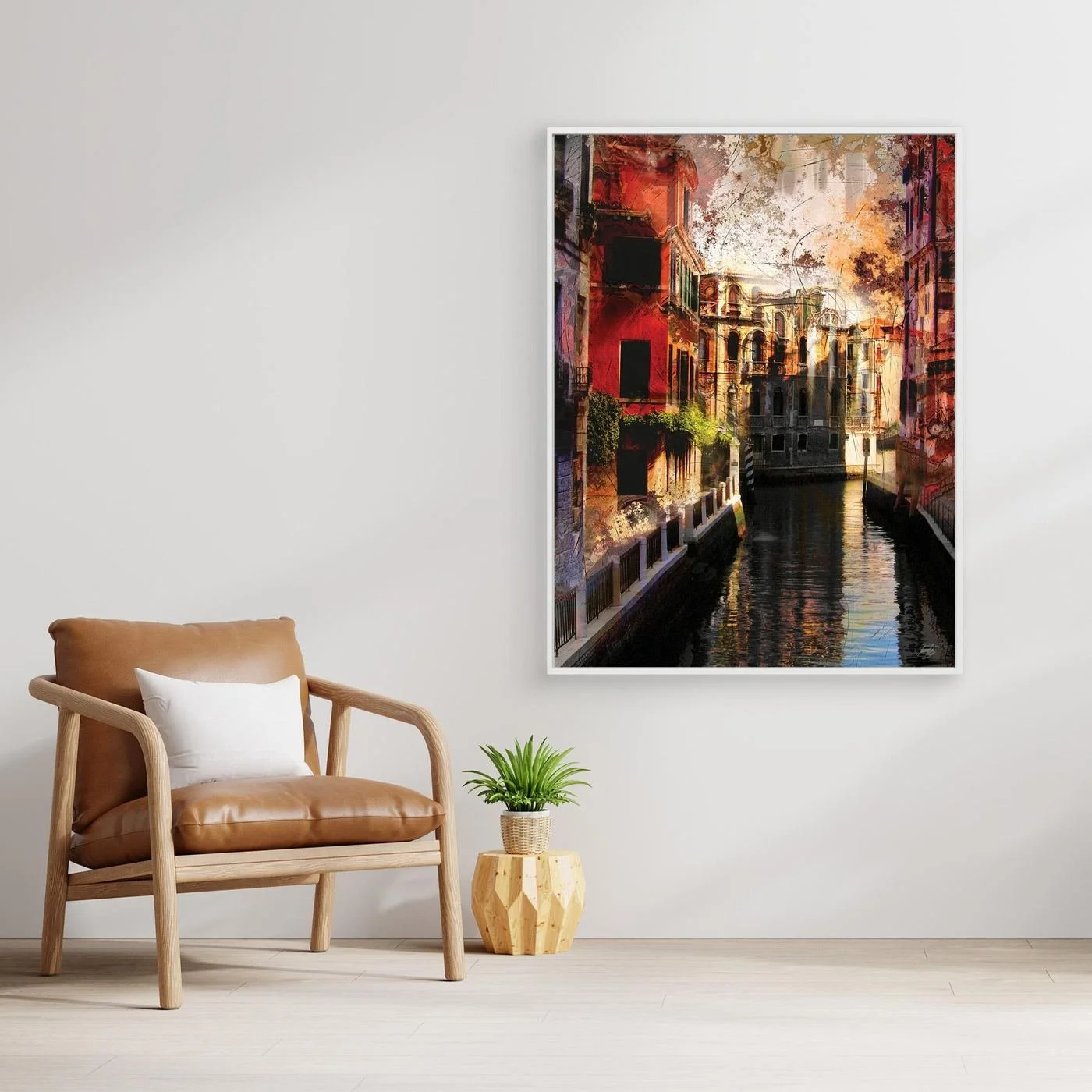 Abstract fine art print of a classic Venice canal landscape with heavy grunge textures, featuring historic architecture in vibrant red and gold tones, framed and ready to hang. With chair