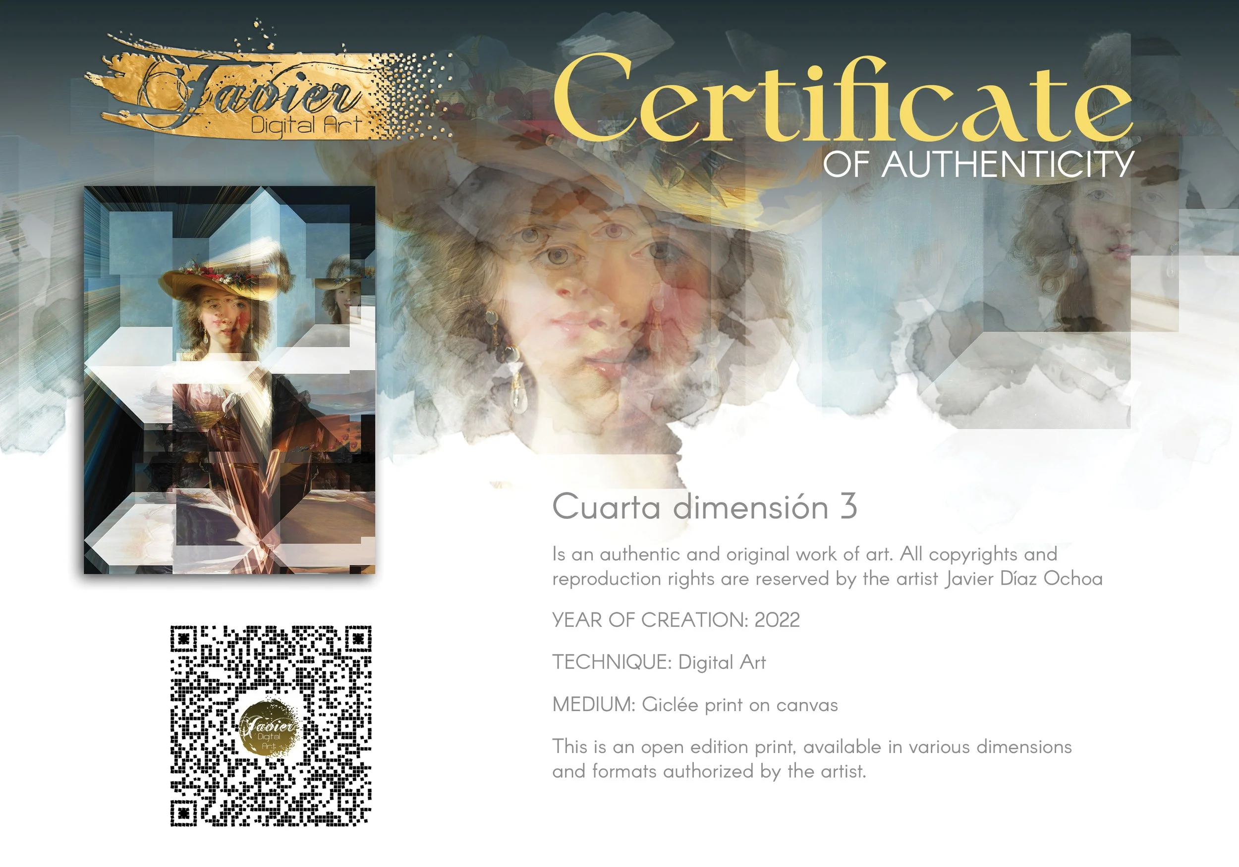 Contemporary art of a deconstructed classical portrait of a lady in a straw hat through transparent 3D geometric cubes and dynamic light streaks, framed and ready to hang. Certificate of Authenticity