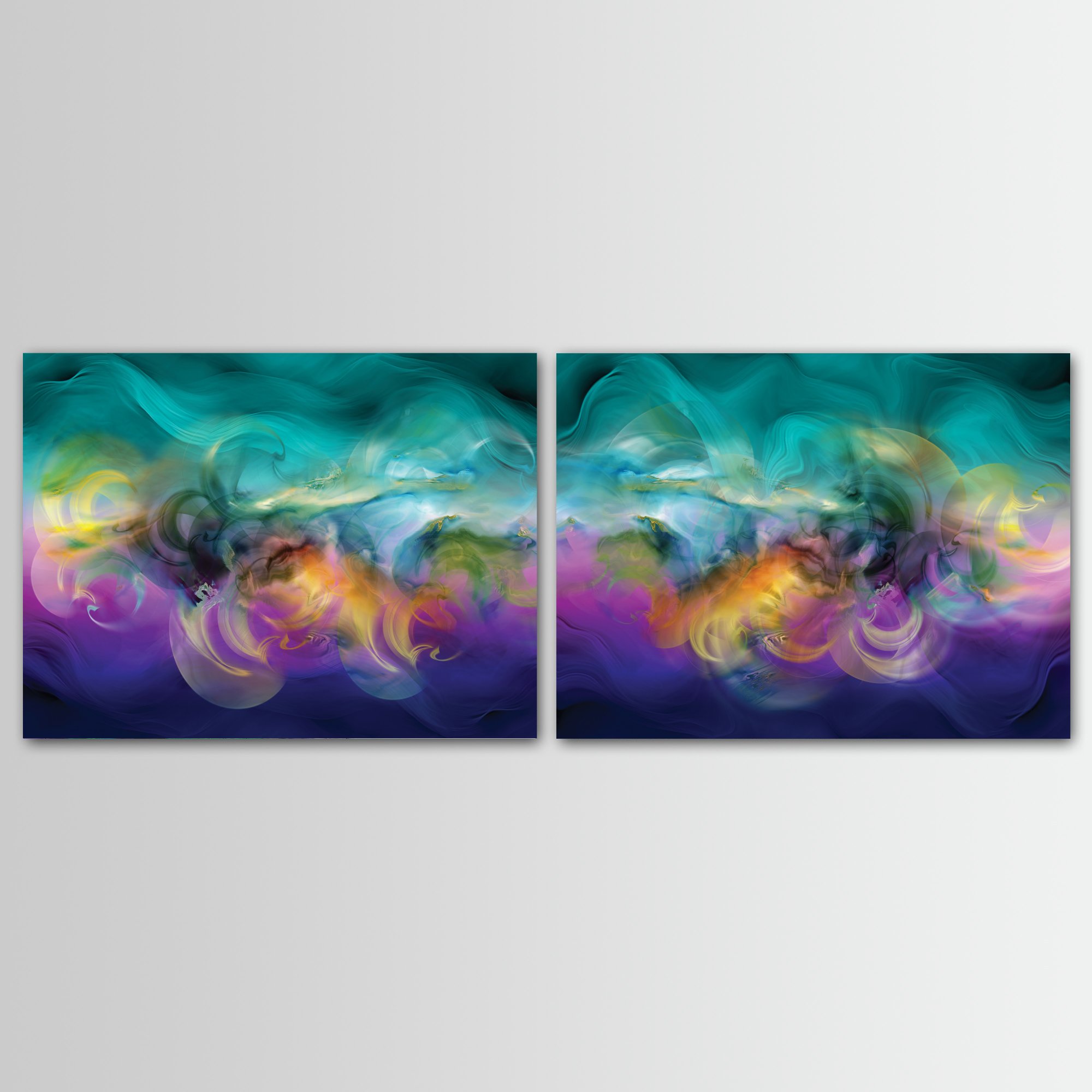 Abstract diptych with swirling fluid shapes and wave textures in teal, violet, and indigo blue, with glowing yellow and ocher center, framed and ready to hang.