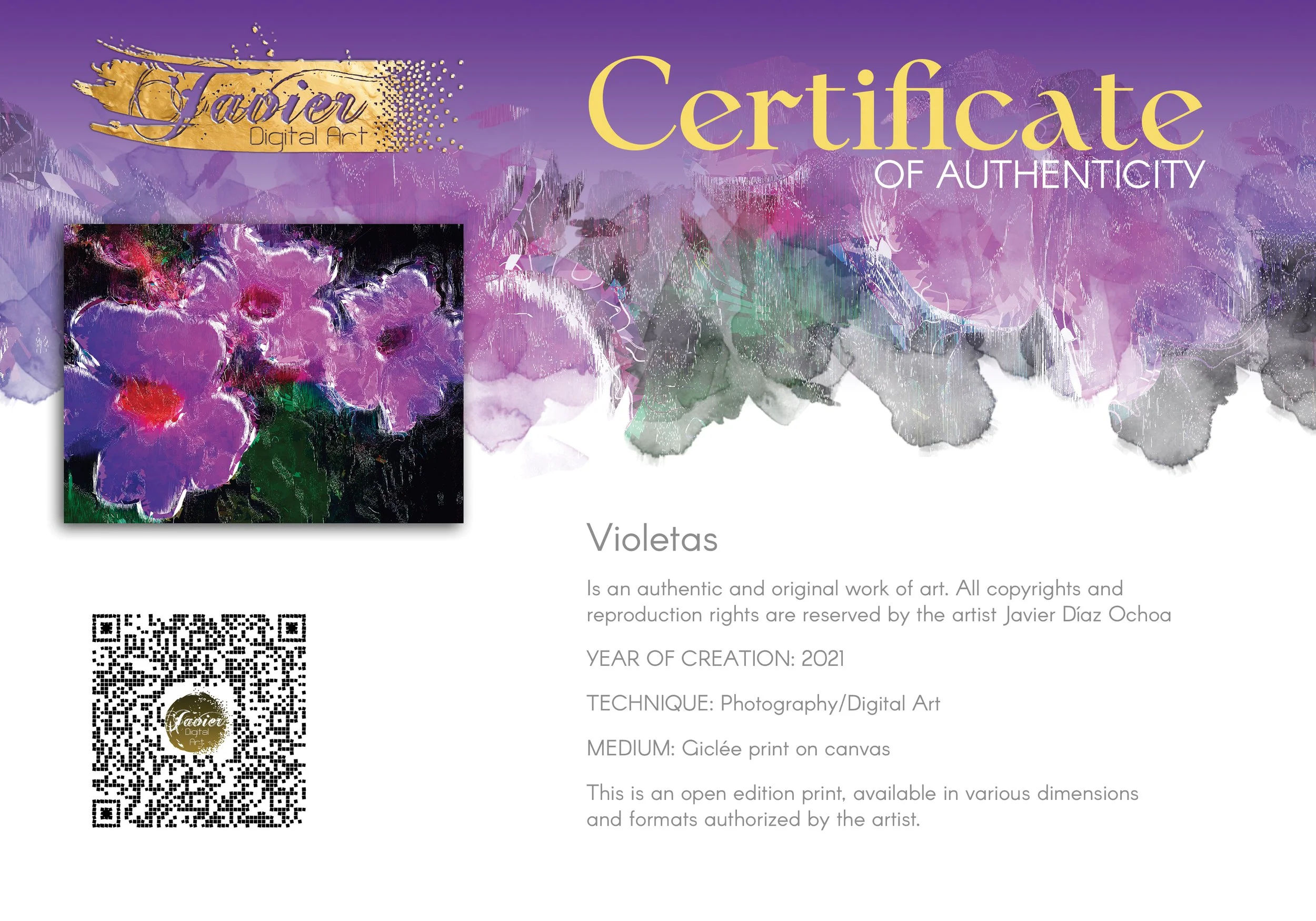 Abstract digital art print showcasing vibrant violet and lavender flowers with digital glitch textures against a dark moody background, framed and ready to hang. Certificate of Authenticity