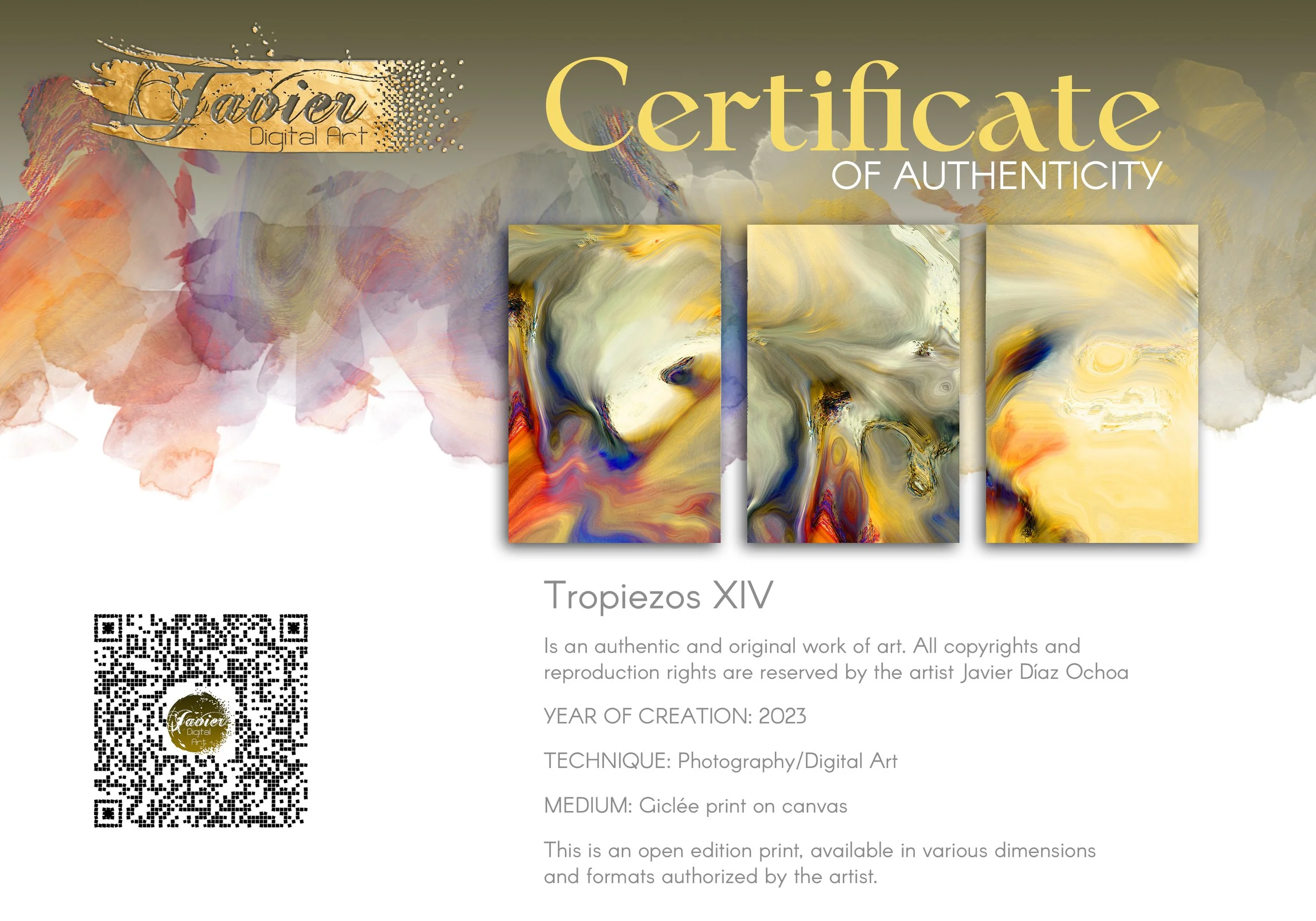 Abstract triptych with liquid textures in warm gold, ocher, and cream, contrasting with deep navy blue and terracotta swirls, framed and ready to hang. Certificate of Authenticity