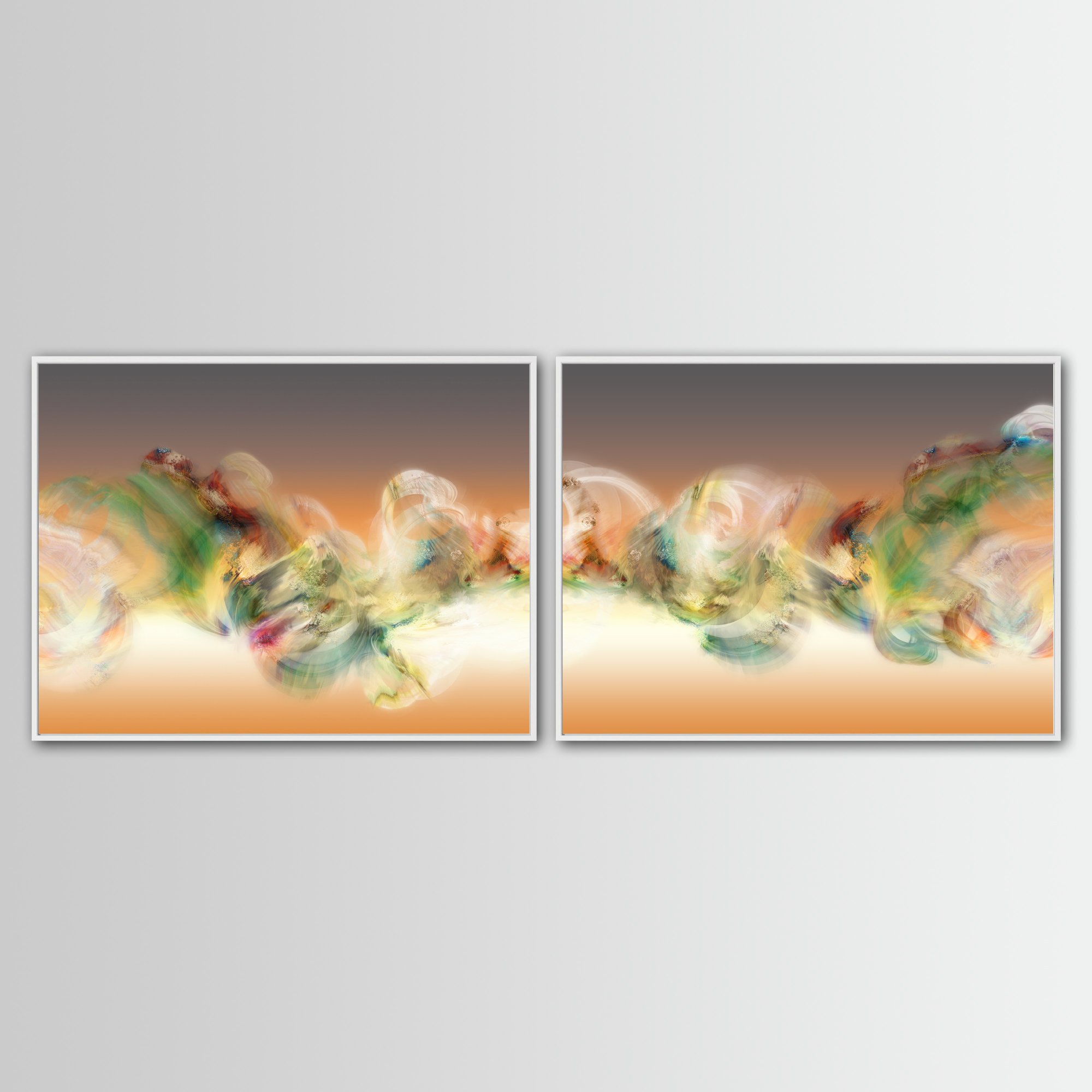 Abstract diptych with swirling smoke patterns and organic textures in green, cream, and ocher over a terracotta and grey background, framed and ready to hang. With white frame