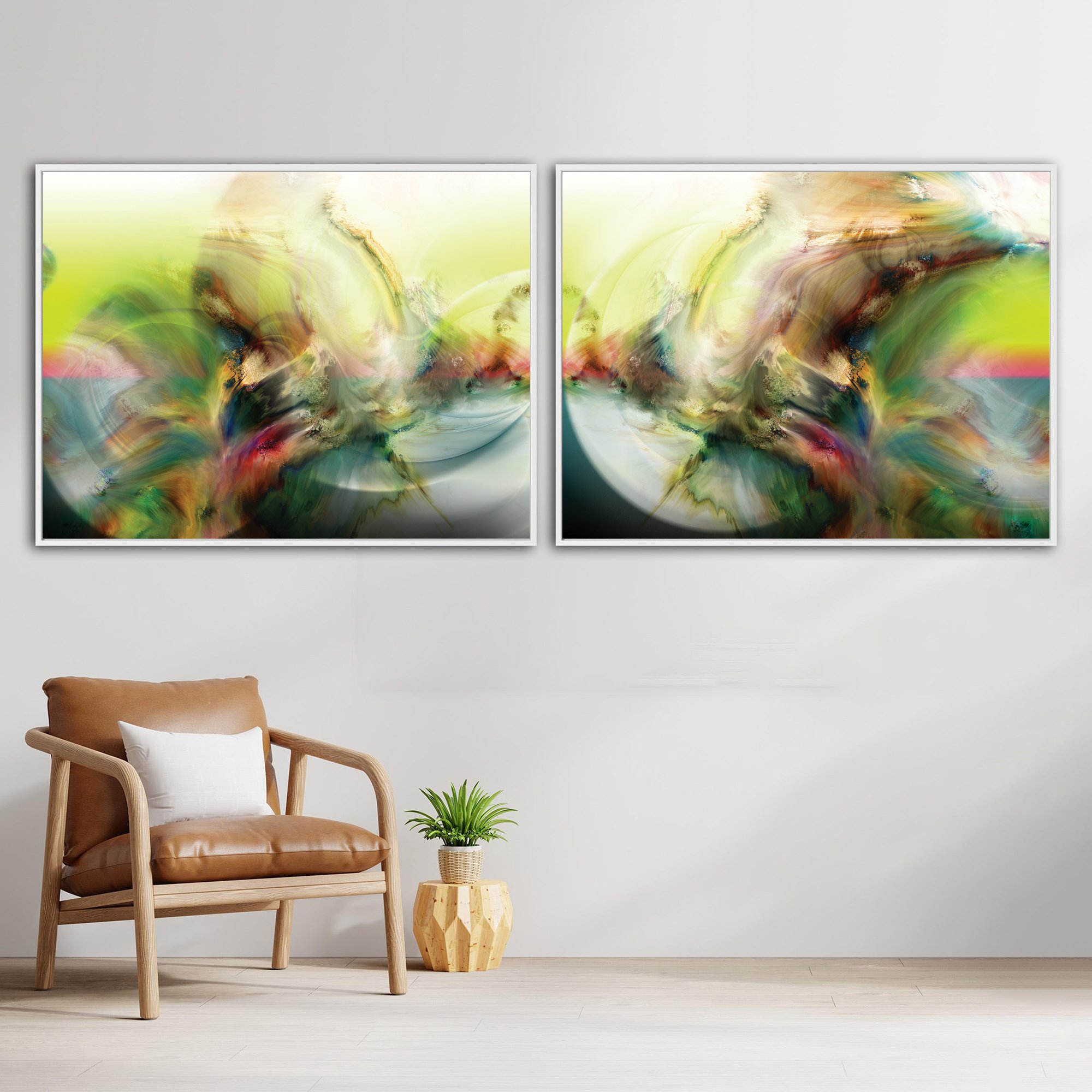 Abstract art diptych with luminous spherical shapes, organic textures, and background in yellow, cream, and sky blue tones, framed and ready to hang. With chair