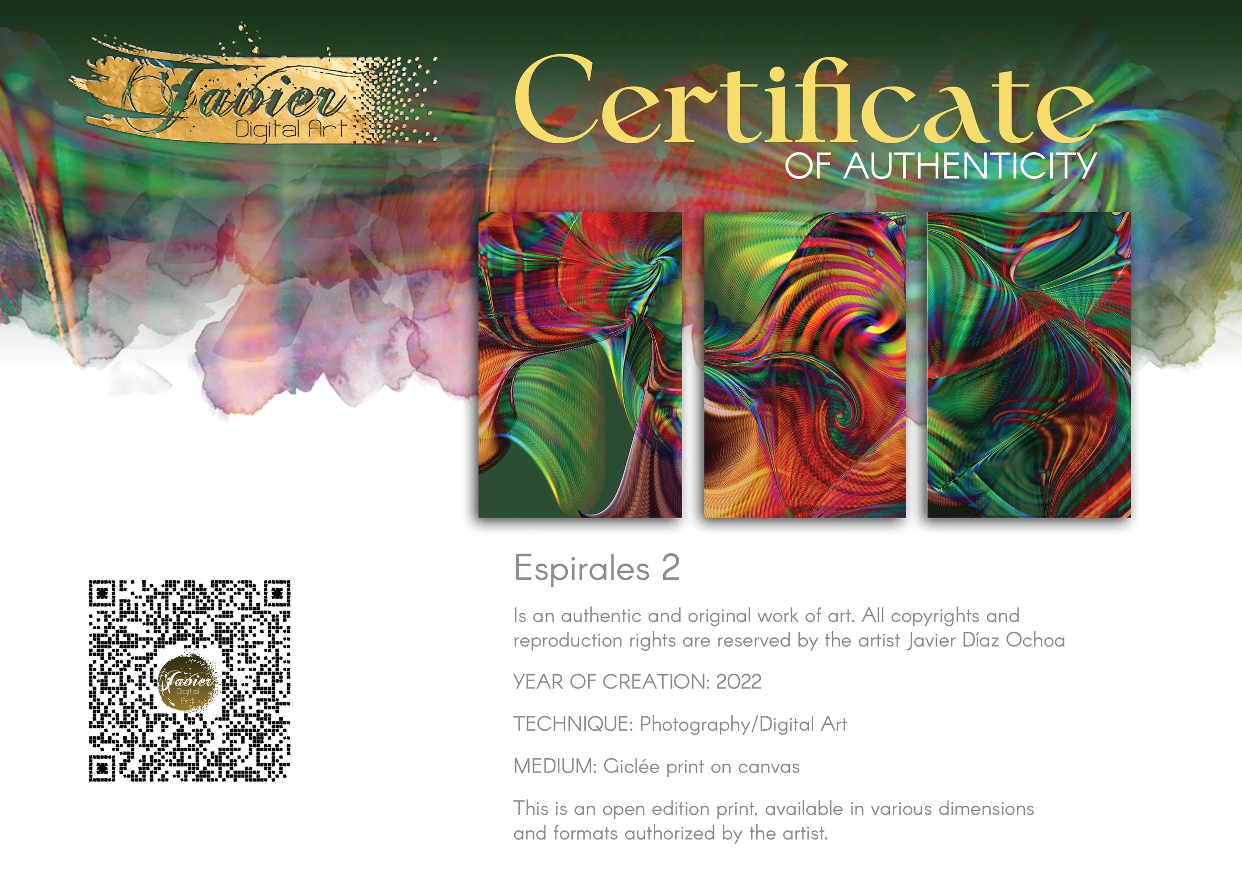 Abstract fine art triptych with swirling psychedelic spiral and fine wave lines in rainbow colors over a deep green background, framed and ready to hang. Certificate of Authenticity