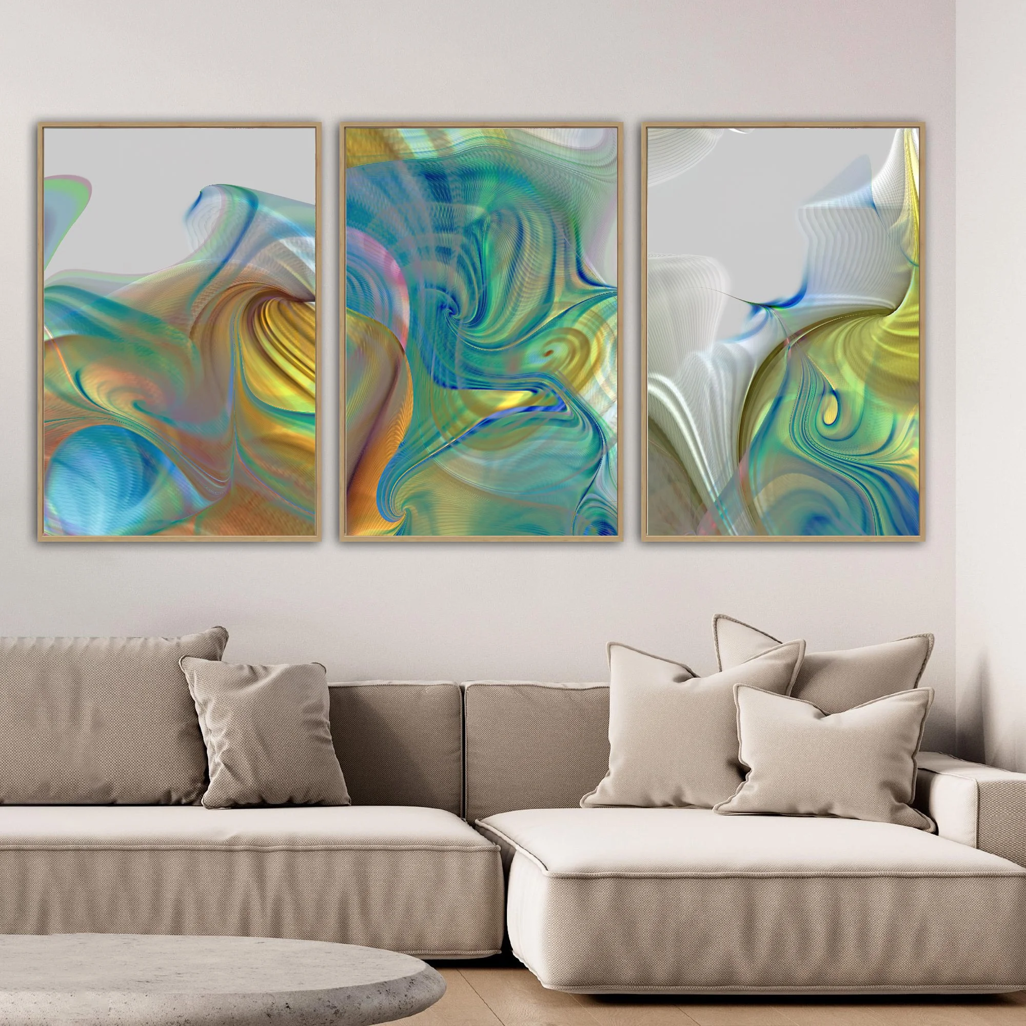 Abstract triptych with swirling fluid shapes and intricate wave line patterns in teal, turquoise, and metallic gold tones over a gray background, framed and ready to hang. Over grey couch