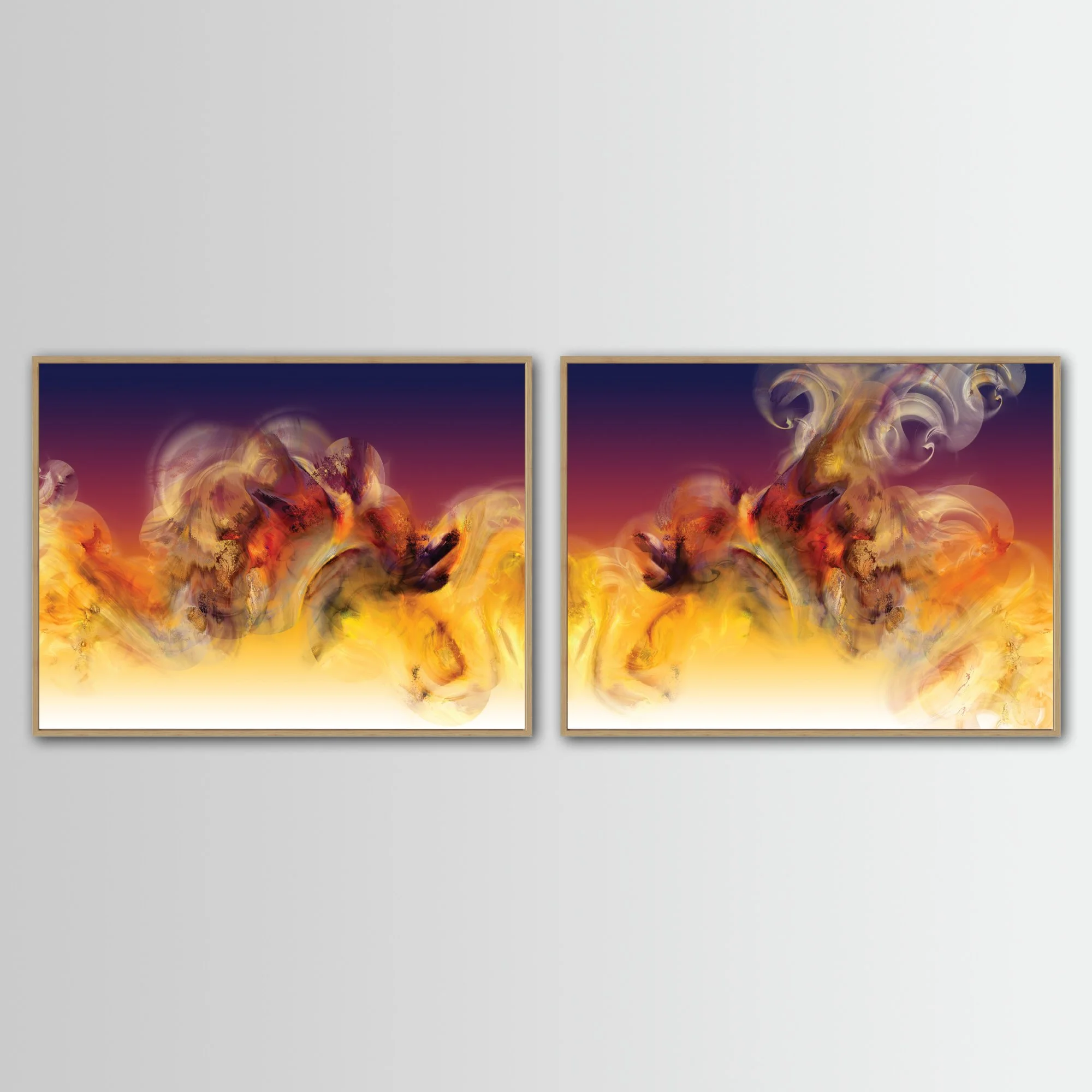 Abstract diptych with textured, cloud-like fluid shapes in orange, golden ocher, and red, with contrasting against a dark purple background, framed and ready to hang. With wooden frame