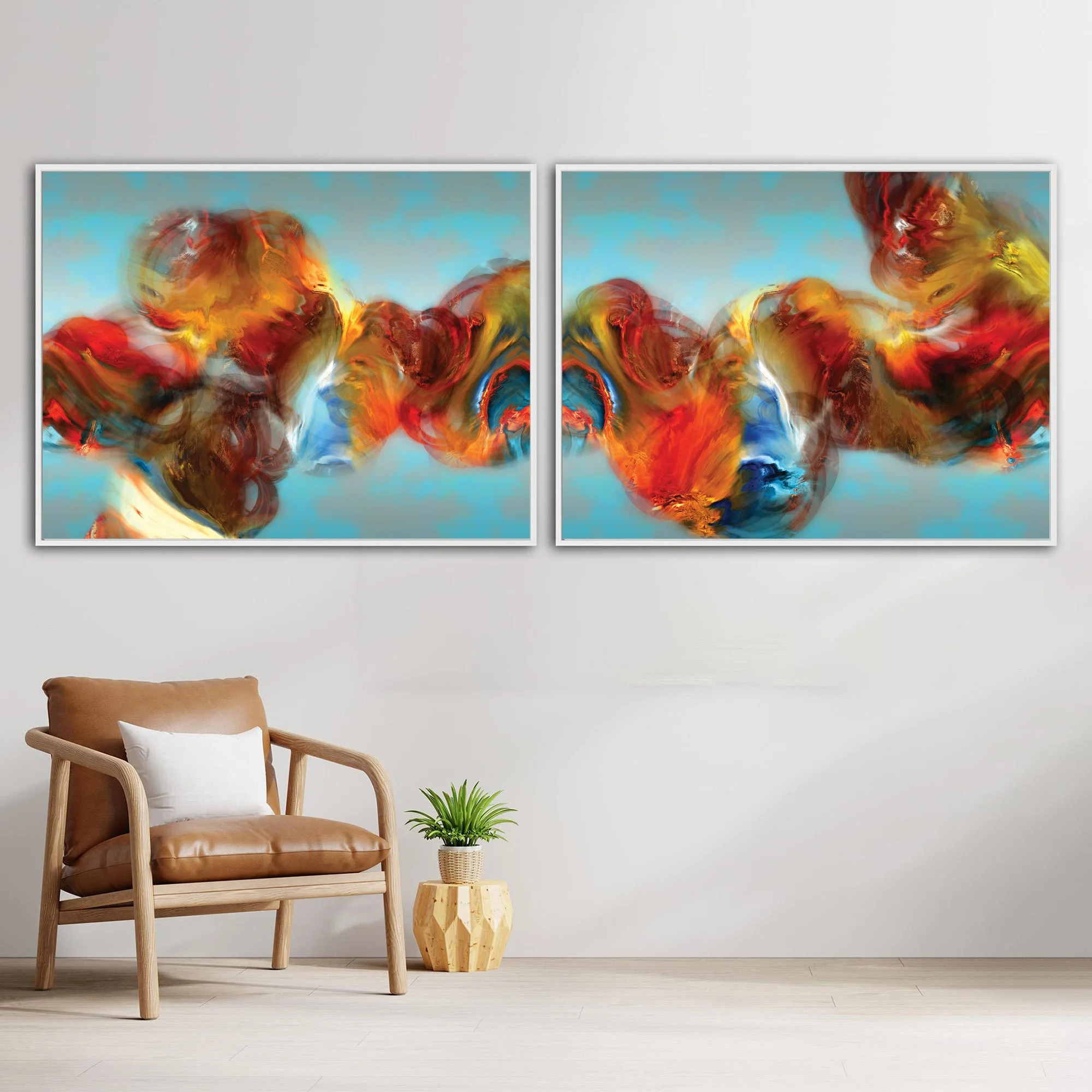 Abstract diptych with textured, cloud-like fluid shapes in red, orange, and golden ocher against a cerulean sky blue background, framed and ready to hang. With chair