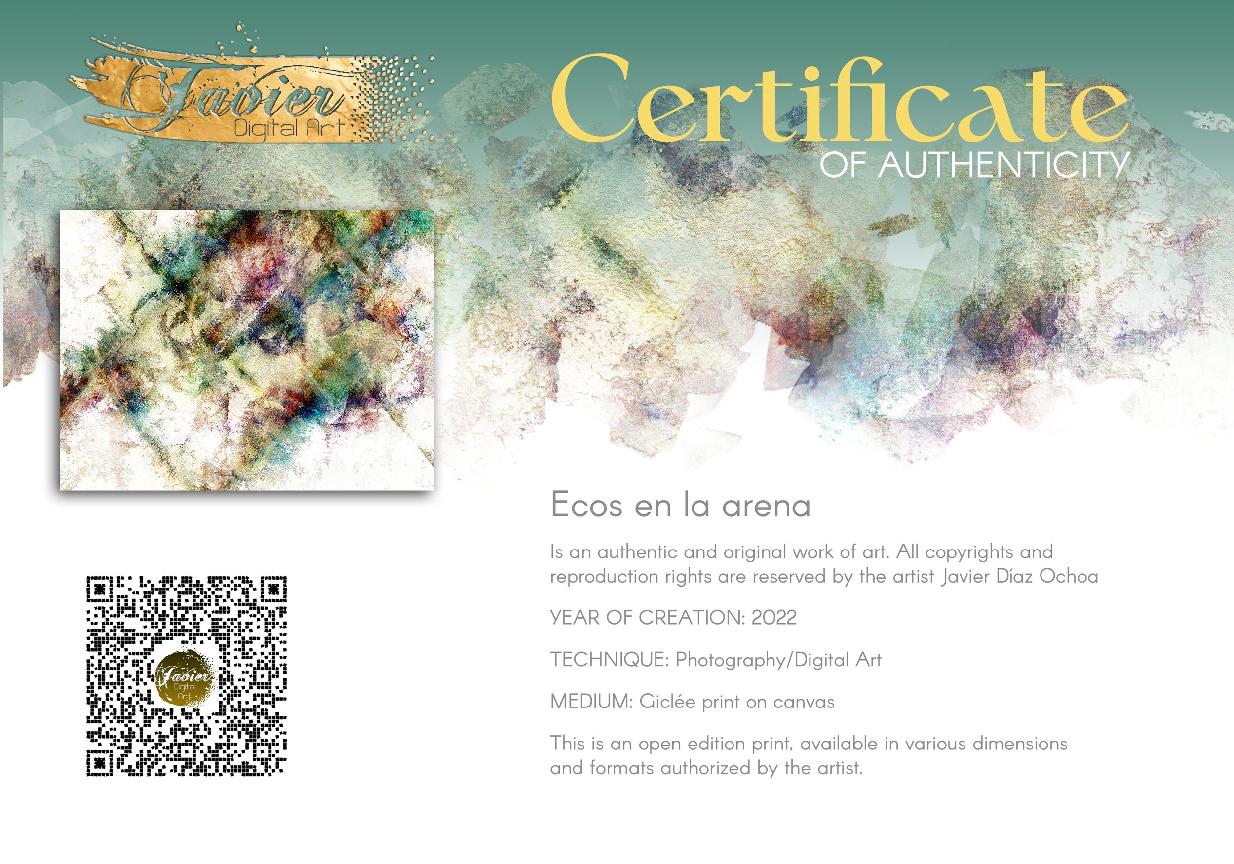Abstract art with textures and geometric overlays in green, gold, and burgundy tones on a bright background, framed and ready to hang. Certificate of Authenticity