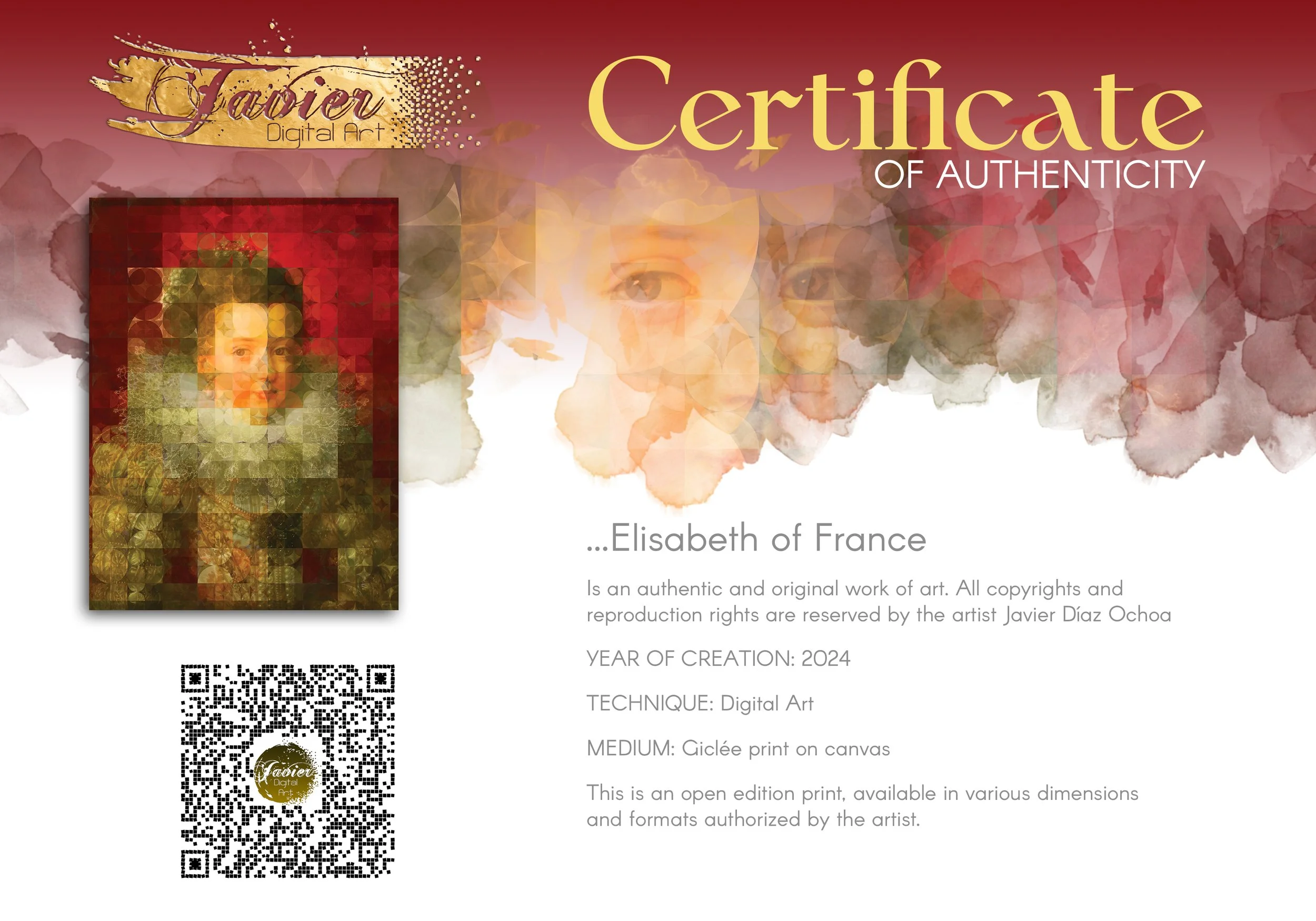 Contemporary art of a classical Renaissance portrait of a woman with a complex geometric grid of circular mosaic patterns in deep red and gold, framed and ready to hang. Certificate of Authenticity