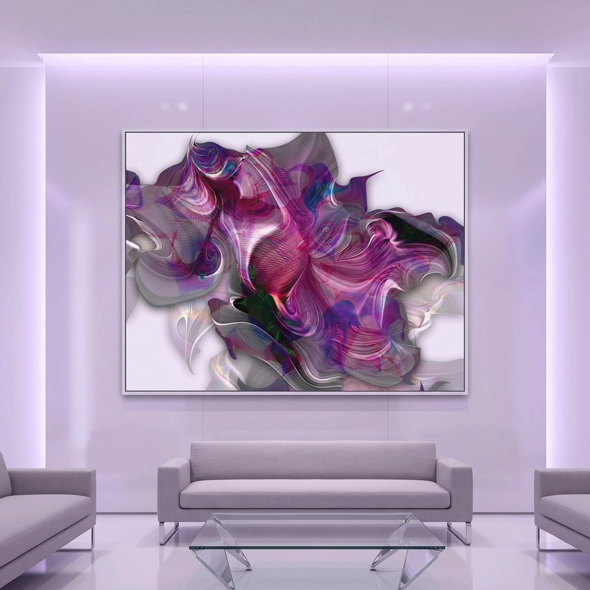 Large abstract purple painting hanging in a futuristic showroom with lilac LED lighting, a gray sofa, and glass coffee tables.