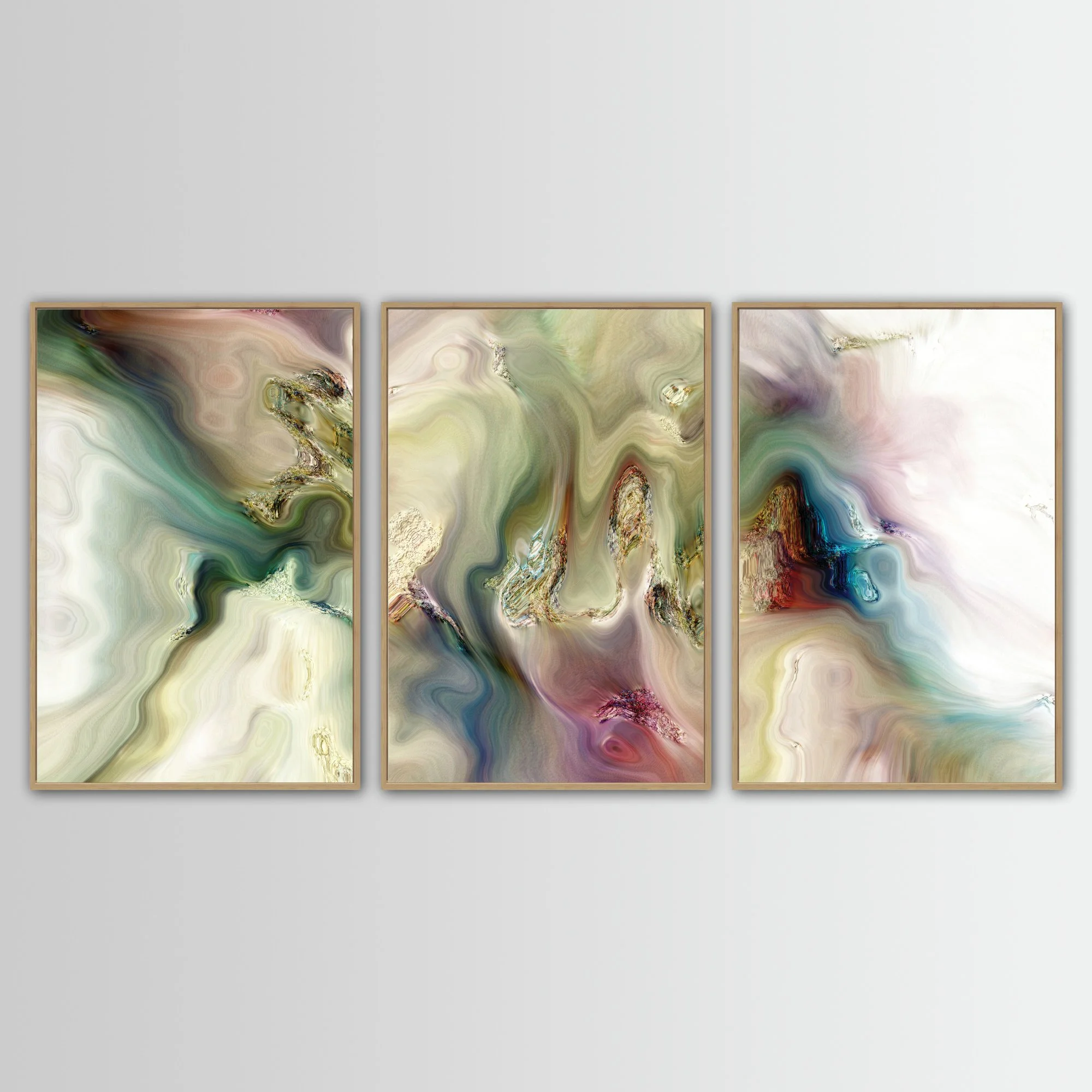 Abstract fine art triptych with marble textures and swirls in sage green, cream, and ocher tones with turquoise and violet highlights, framed and ready to hang. With wooden frame