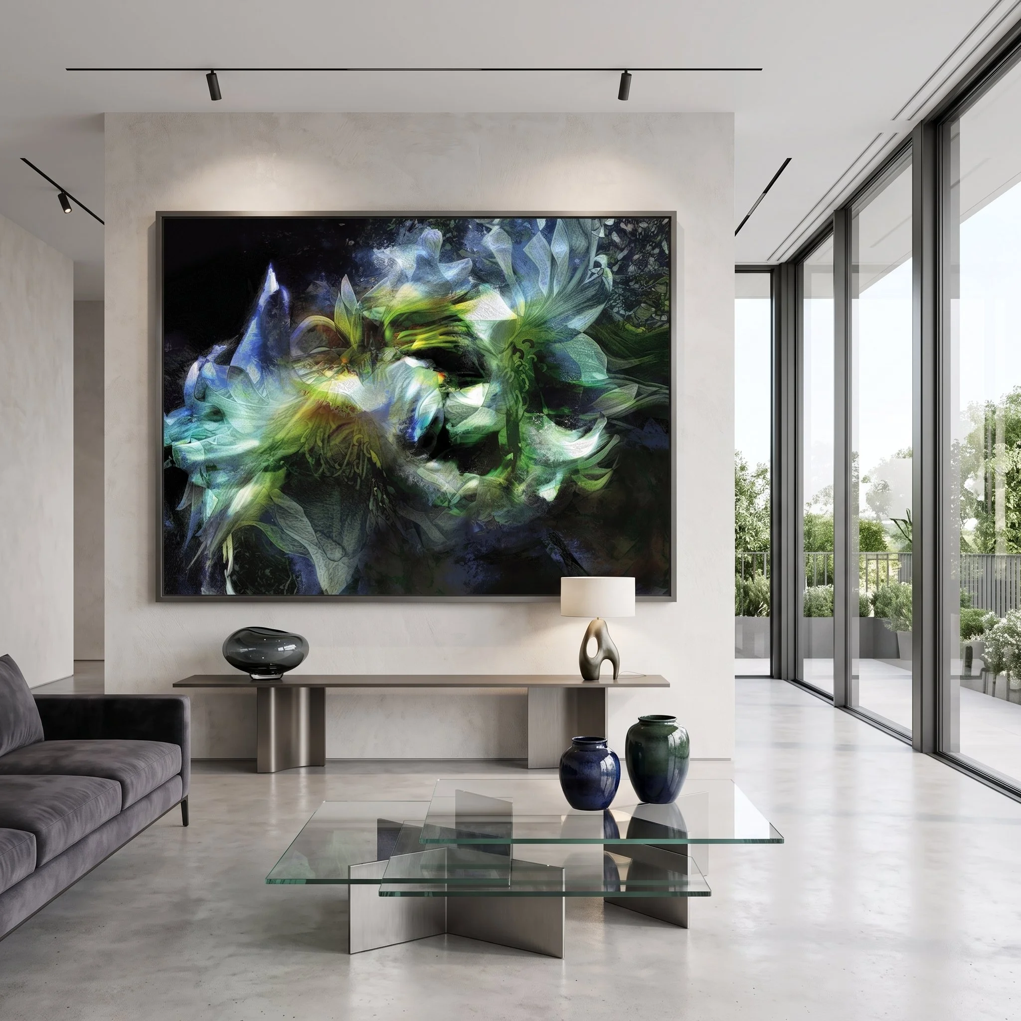 Modern living room interior mockup featuring a large framed abstract painting with green, blue, and yellow botanical textures hanging above a dark grey sofa with matching pillows.