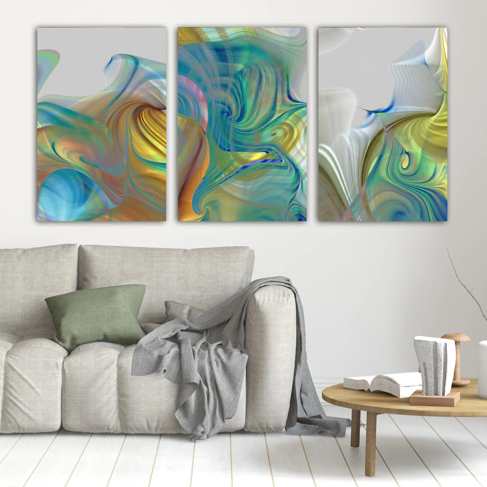 Abstract triptych with swirling fluid shapes and intricate wave line patterns in teal, turquoise, and metallic gold tones over a gray background, framed and ready to hang. In living room