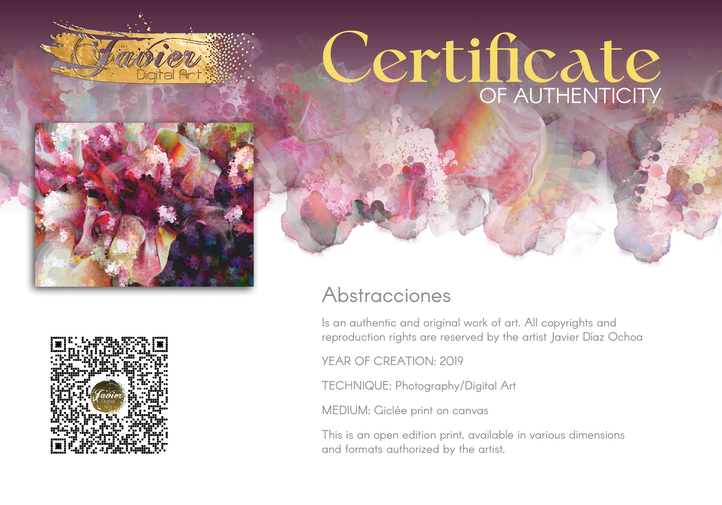 Abstract art pink, purple, and red floral textures, framed and ready to hang. Certificate of Authenticity