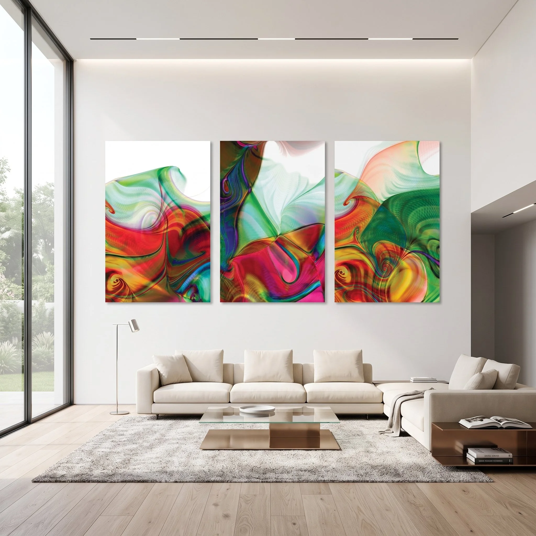 Abstract triptych above a white sofa in modern living room with light hardwood floors, a plush rug, a glass coffee table, an slim floor lamp, and expansive glass doors.