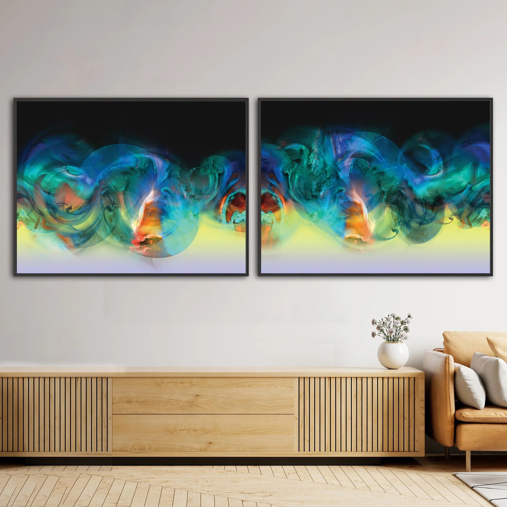 Abstract art diptych with swirling fluid shapes in vibrant blue, deep teal, and emerald green, with orange on black and yellow background, framed and ready to hang. Over console