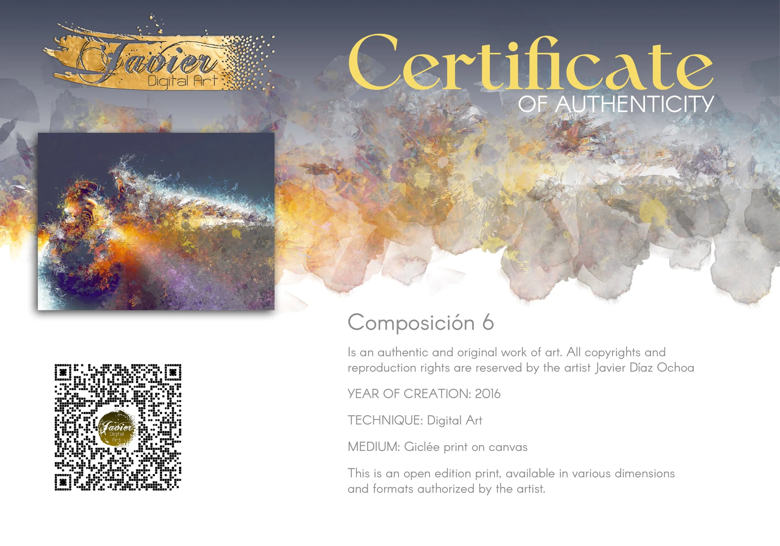 Dynamic abstract fine art print featuring explosive textured splatters in gold, orange, and white tones against a dark grey background, framed and ready to hang. Certificate of Authenticity