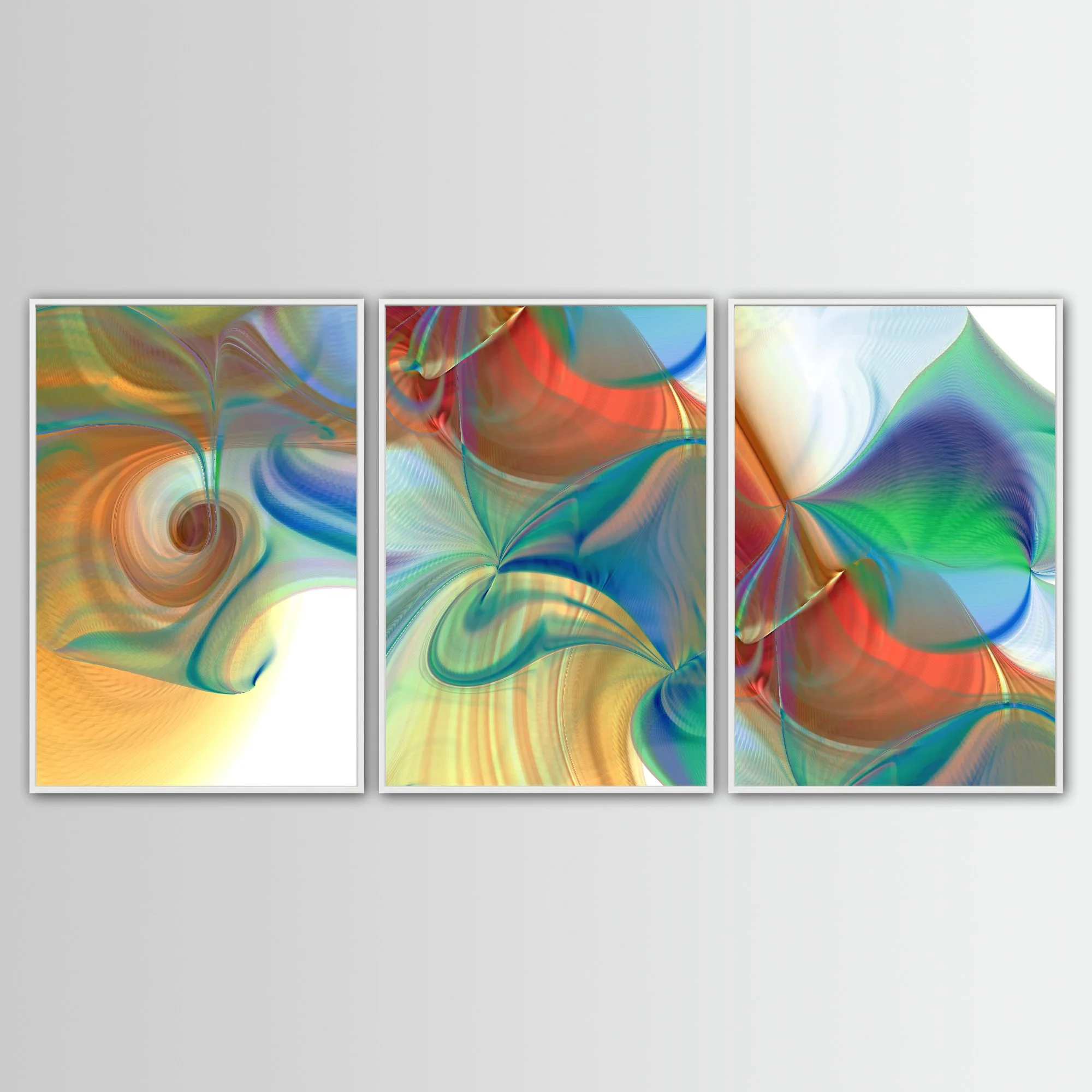 Abstract triptych with swirling fluid structures, intricate line patterns, and a palette of red, orange, teal, and green over a white background, framed and ready to hang. With white frame