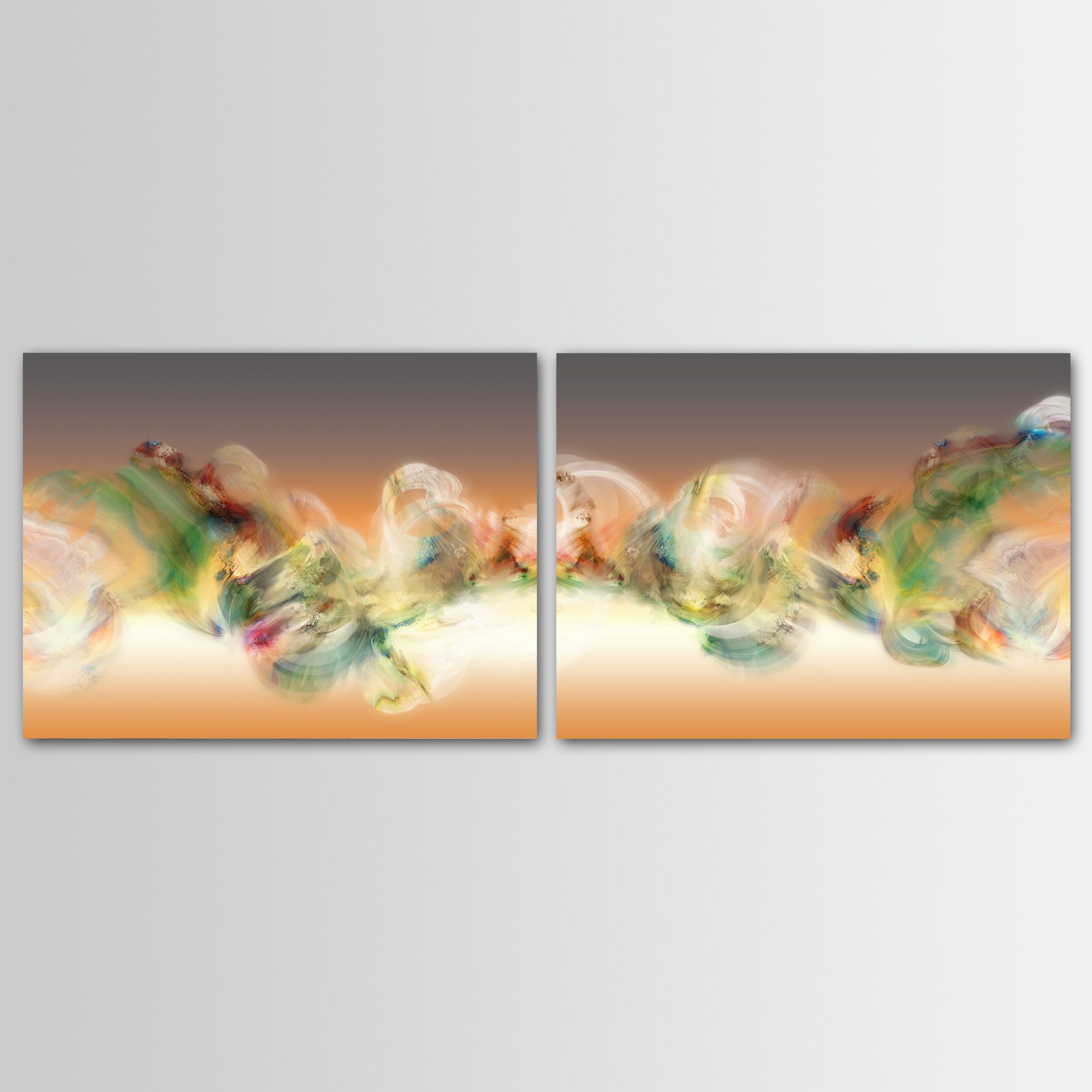 Abstract diptych with swirling smoke patterns and organic textures in green, cream, and ocher over a terracotta and grey background, framed and ready to hang.