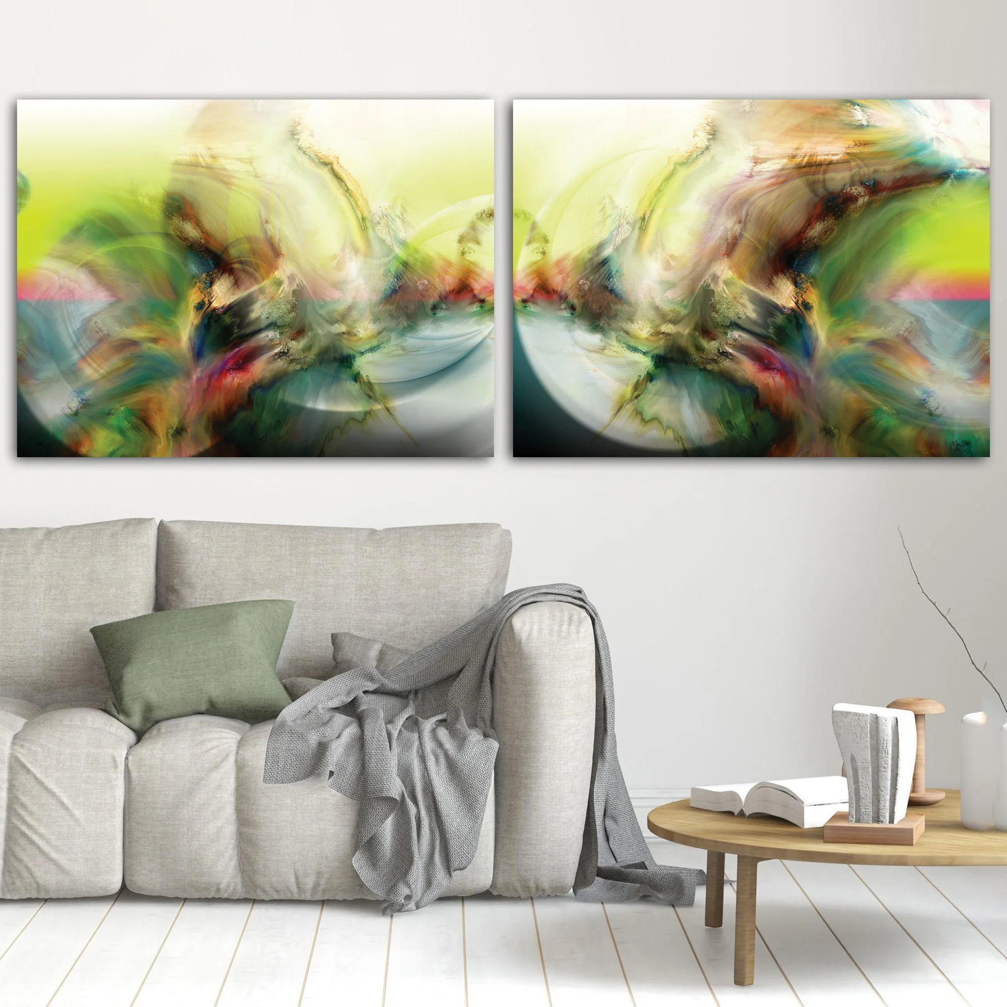 Abstract art diptych with luminous spherical shapes, organic textures, and background in yellow, cream, and sky blue tones, framed and ready to hang. In living room