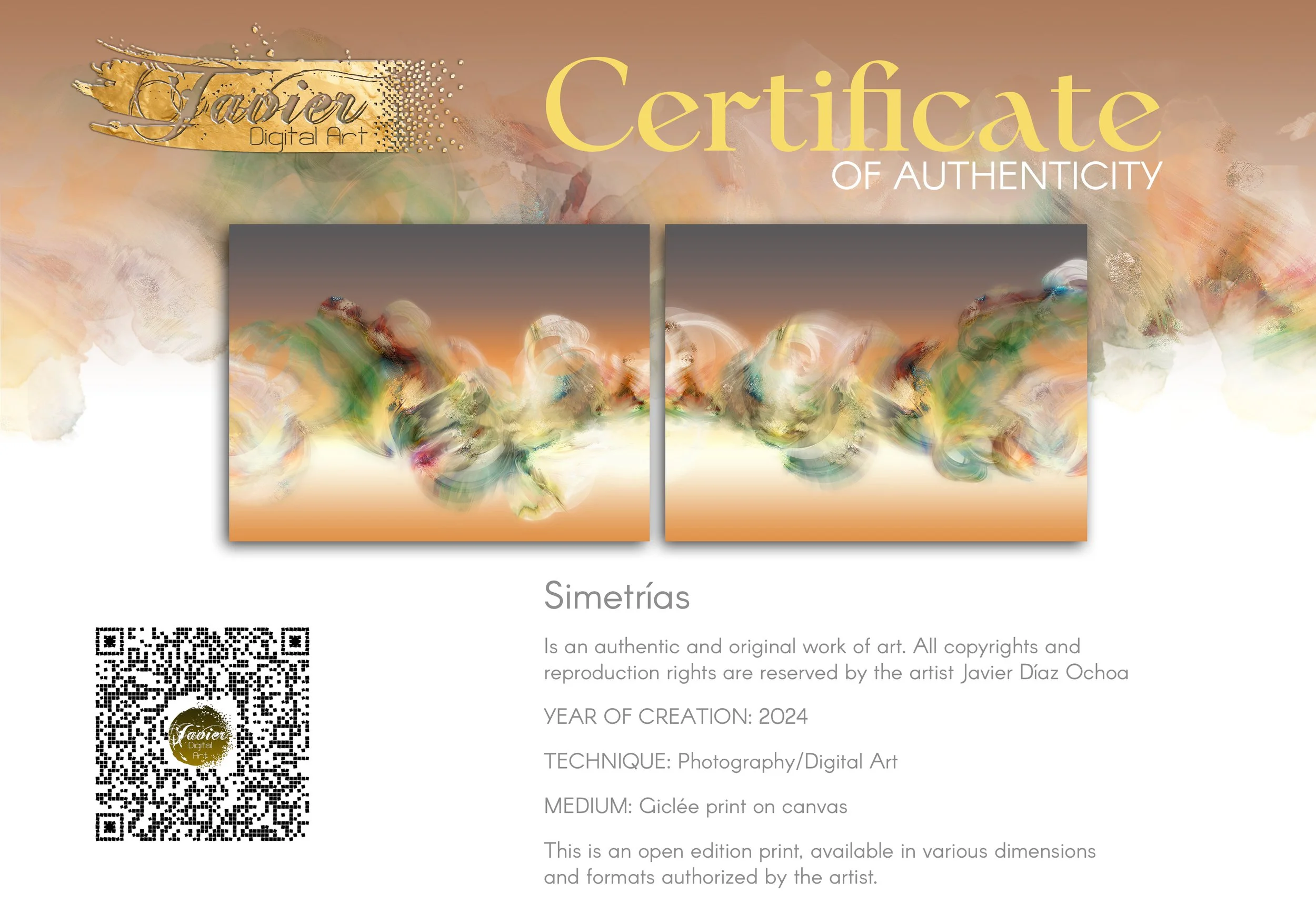 Abstract diptych with swirling smoke patterns and organic textures in green, cream, and ocher over a terracotta and grey background, framed and ready to hang. Certificate of Authenticity