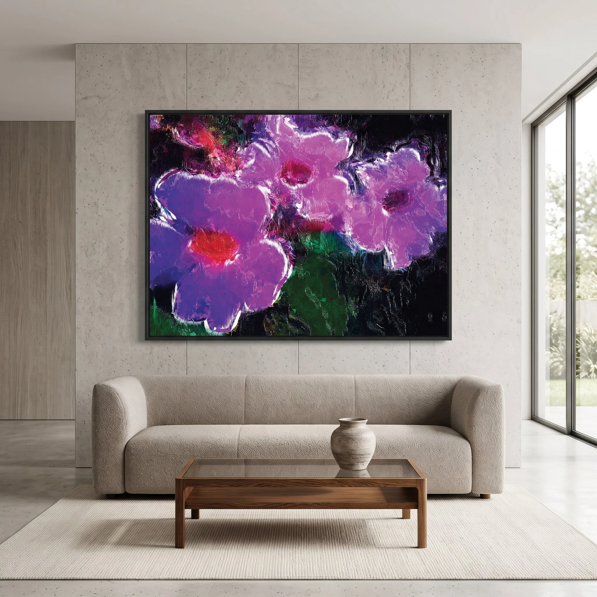 Large canvas art with a textured purple floral abstract design hanging on a concrete wall above a beige sofa, featuring a wooden coffee table and a textured rug.