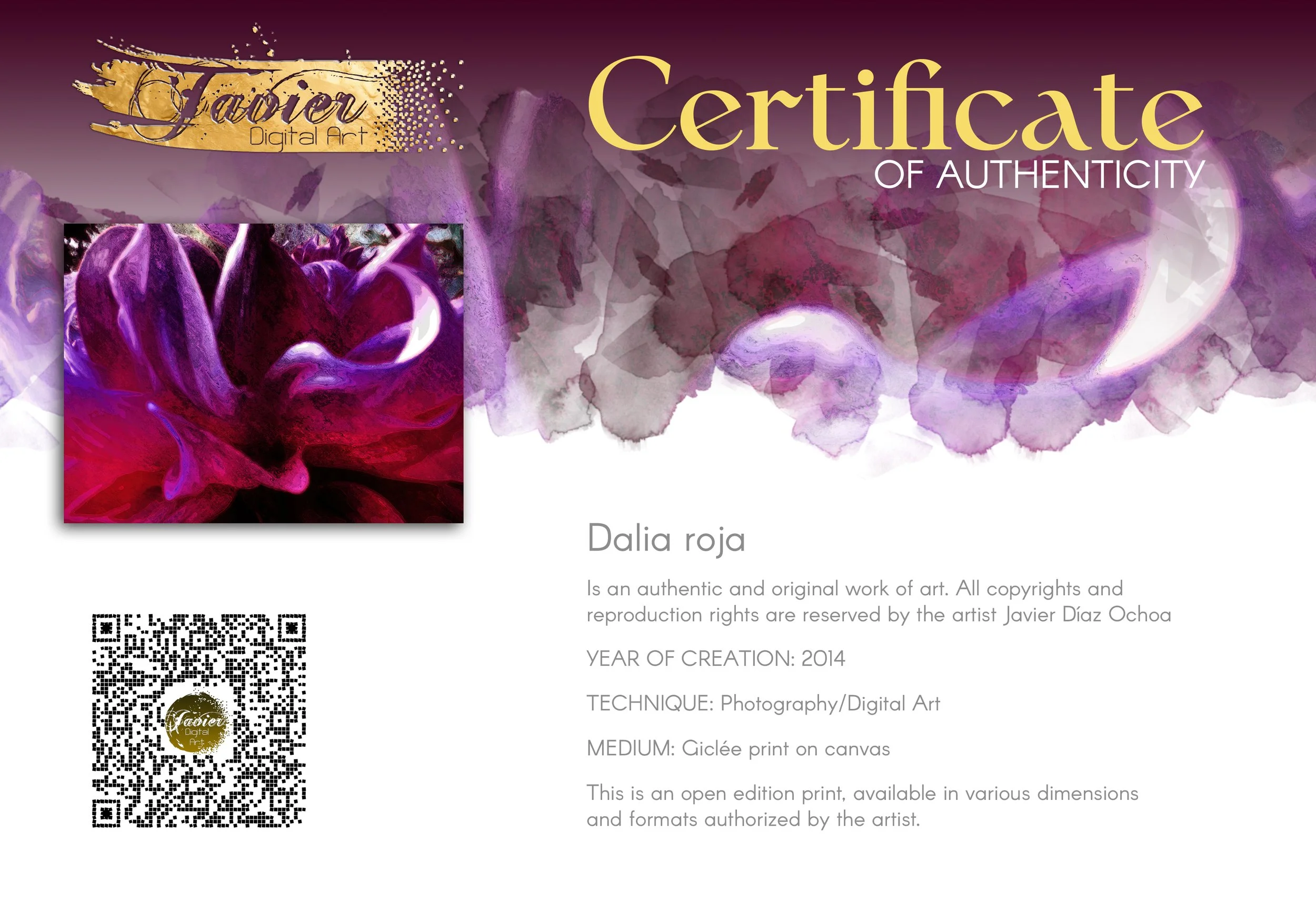 Abstract fine art print showcasing a close-up of dramatic fluid floral shapes and textures in rich purple, violet, and deep magenta tones, framed and ready to hang. Certificate of Authenticity