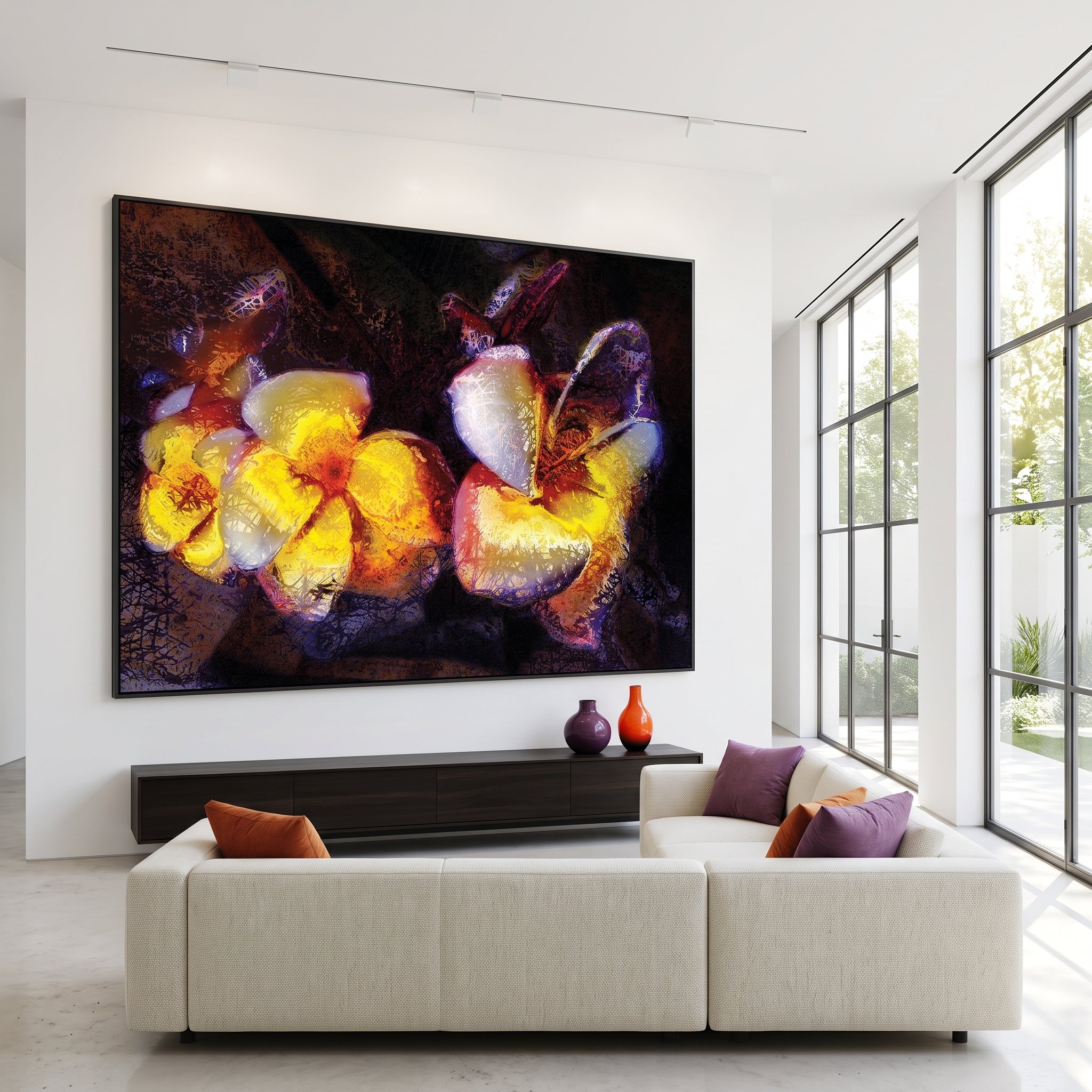 Minimalist living room mockup featuring an oversized framed abstract painting of glowing yellow and purple flowers on a crisp white wall above a low-profile cream sectional sofa.