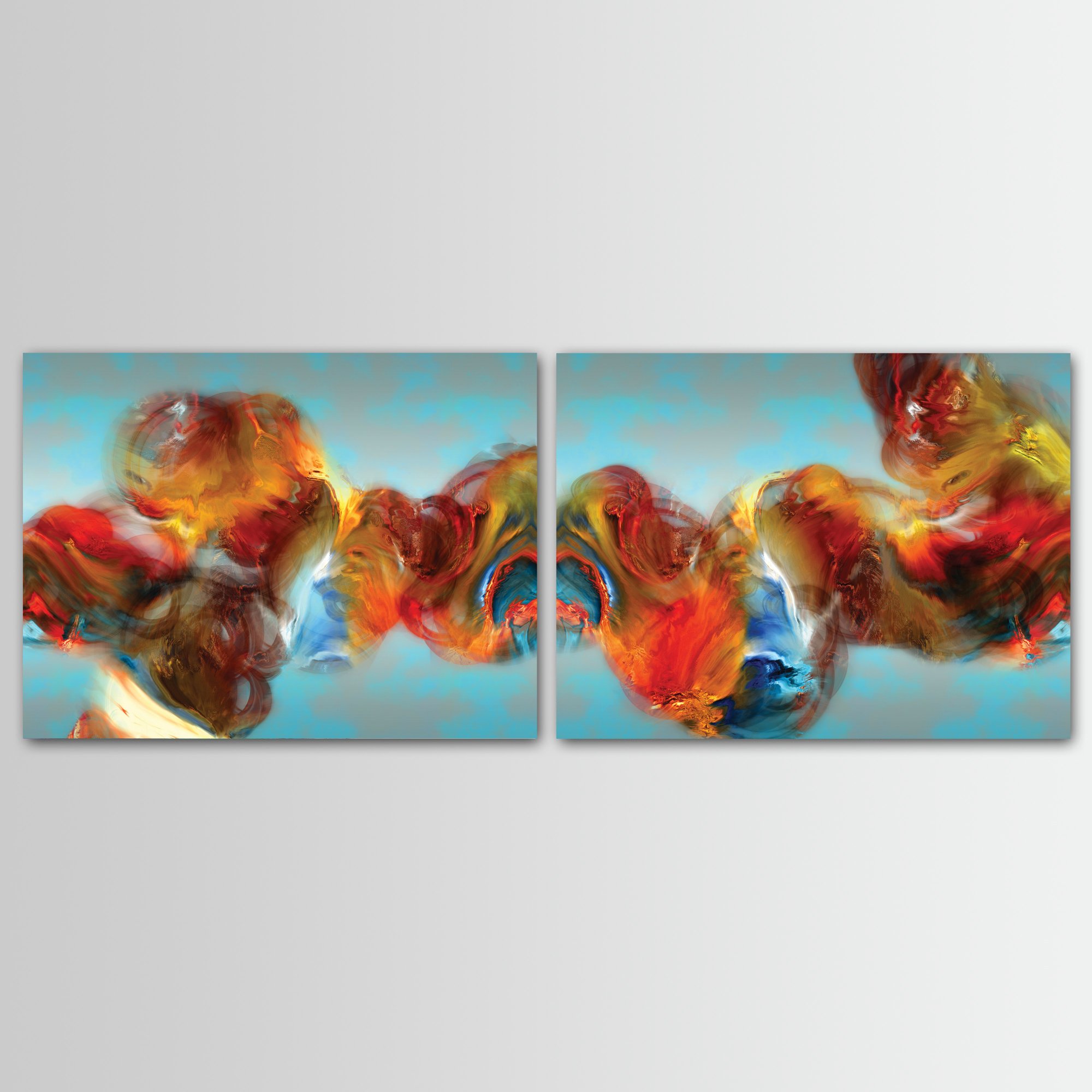 Abstract diptych with textured, cloud-like fluid shapes in red, orange, and golden ocher against a cerulean sky blue background, framed and ready to hang.
