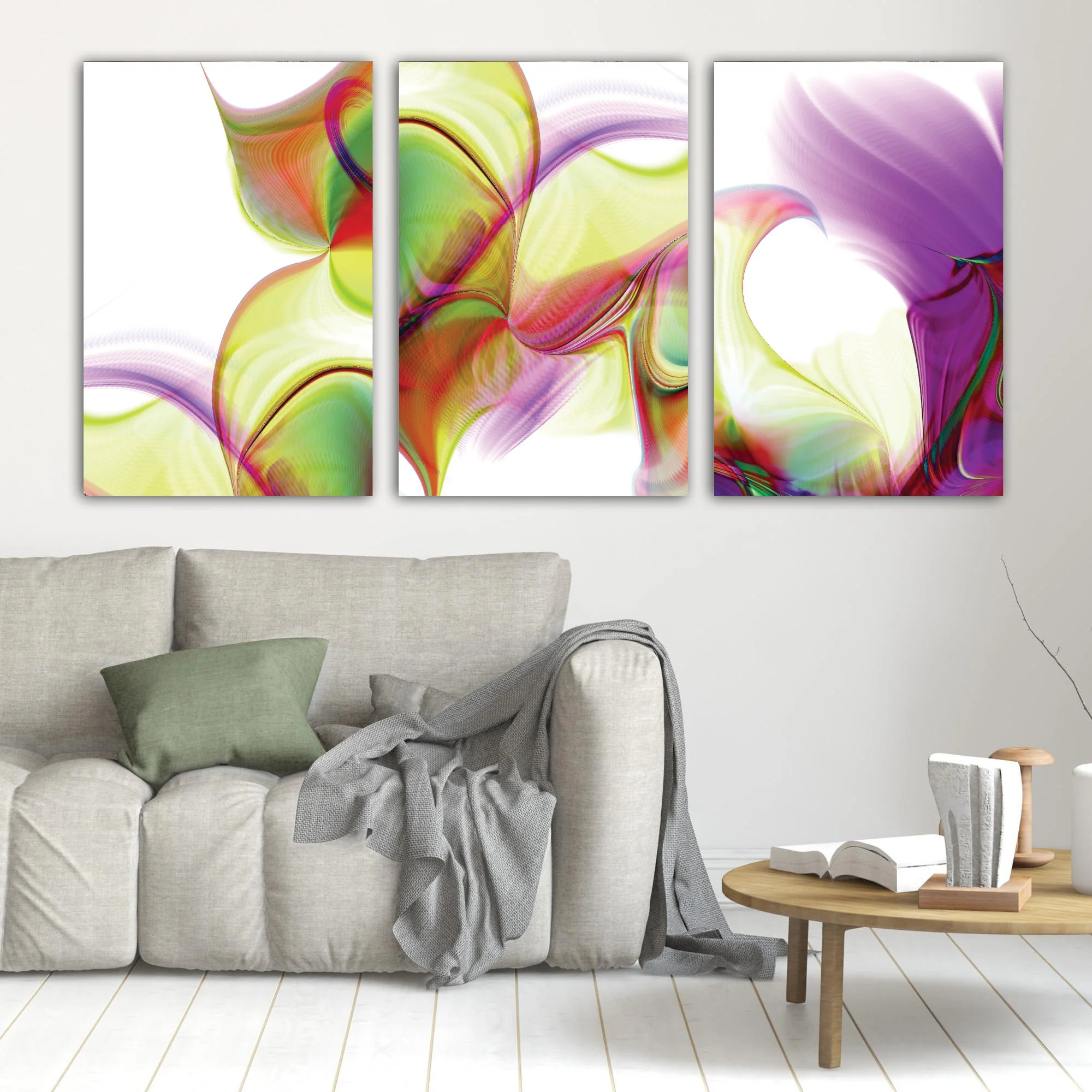 Abstract fine art triptych with, wave patterns and fine line structures in violet, lavender, and lime green over a white background, framed and ready to hang. In living room
