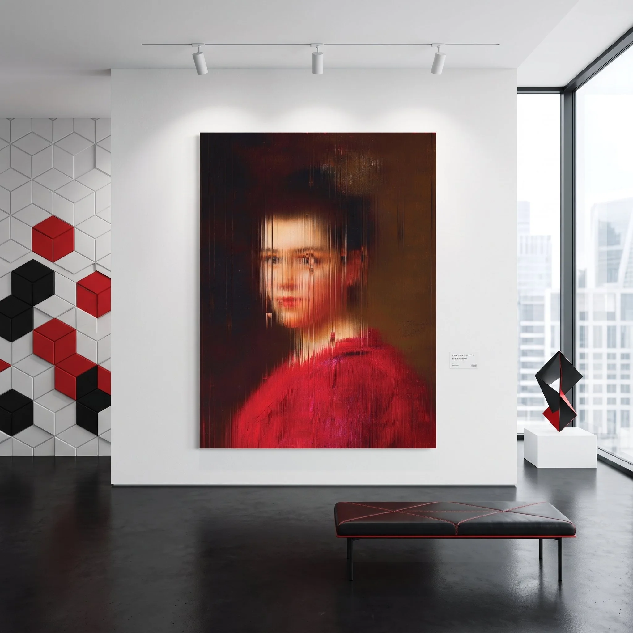 Large canvas art featuring a glitch-style classic portrait hanging in a modern gallery with a black leather bench, track lighting, and a geometric red and black wall installation.