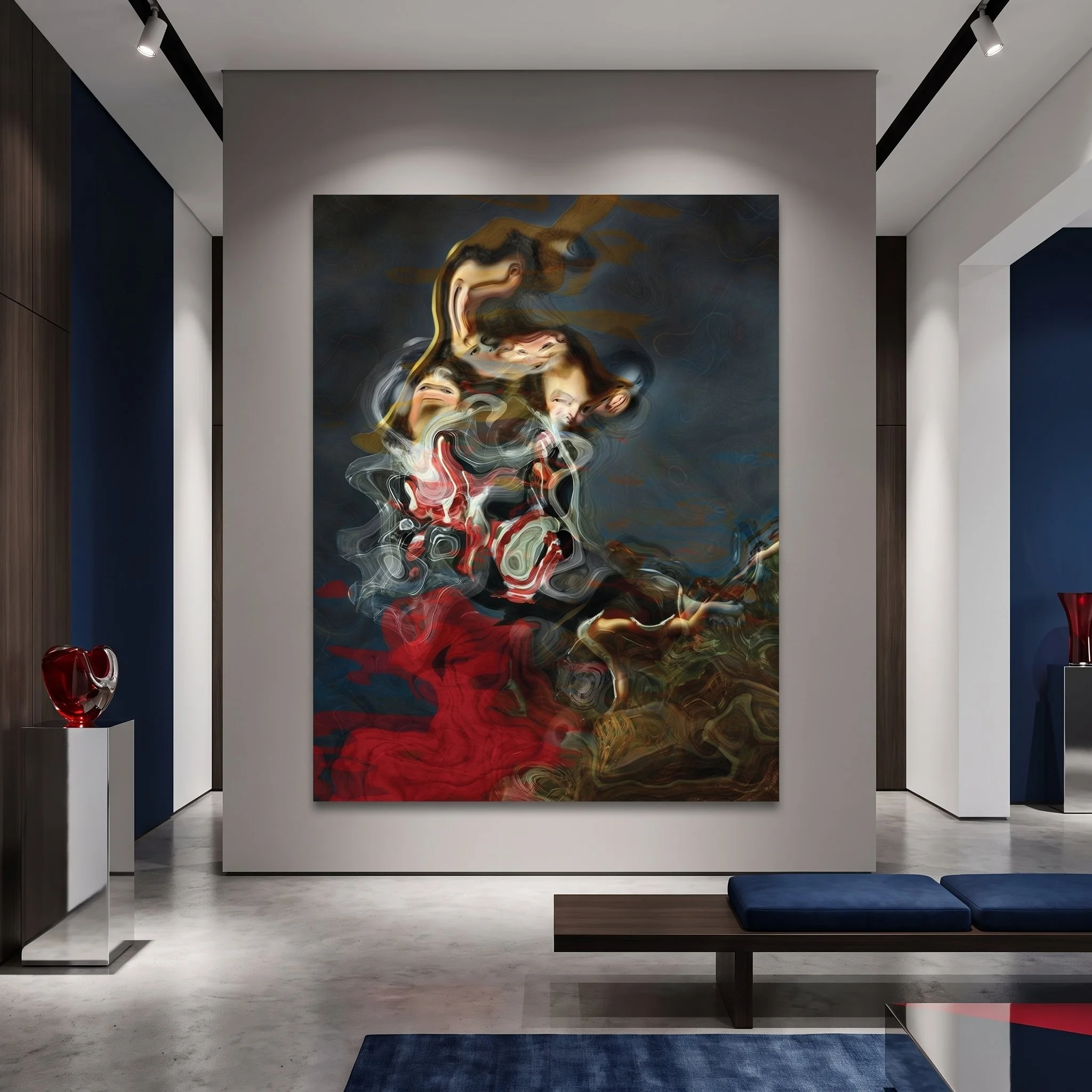 Large canvas art with a fluid surreal abstract design hanging in a modern luxury gallery, featuring polished concrete floors, blue velvet benches, and track lighting.