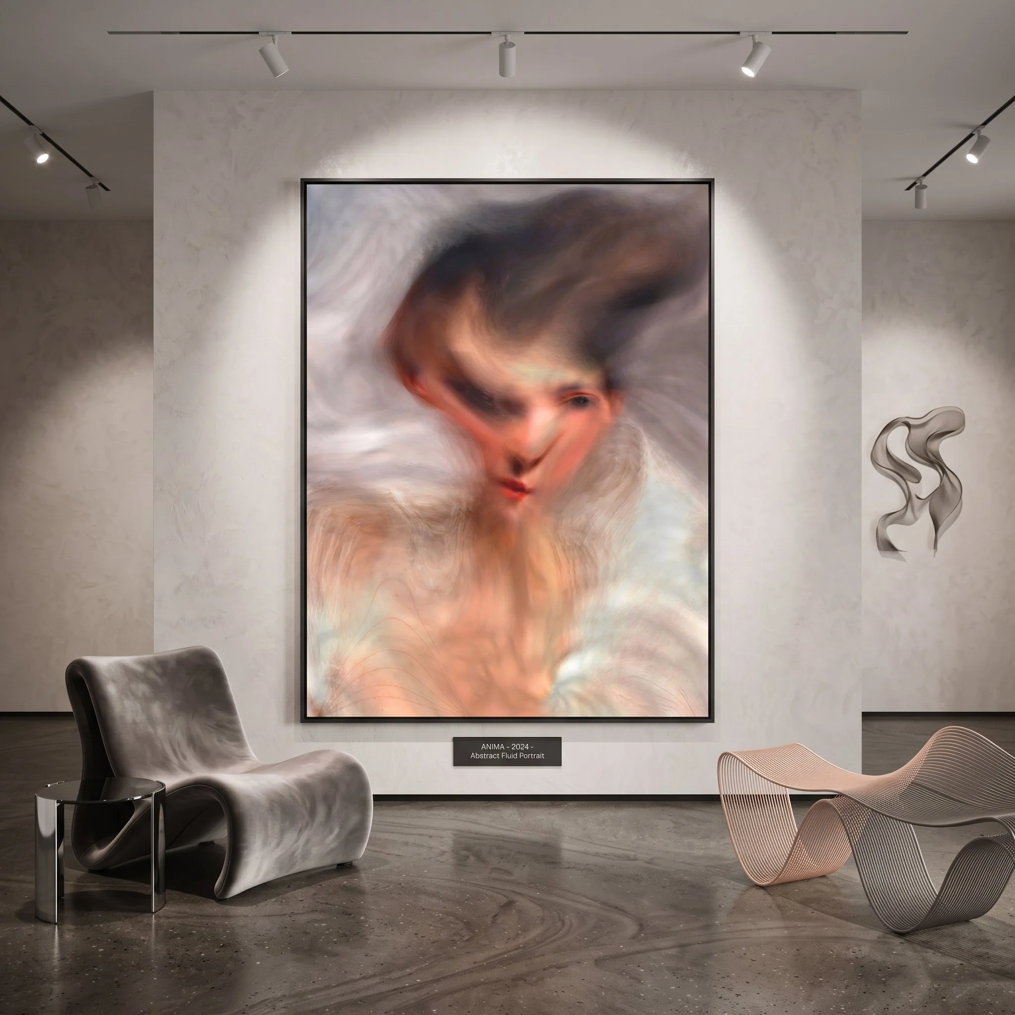 Large canvas art with a fluid abstract portrait hanging in a modern gallery, featuring a velvet armchair, a sculptural mesh lounge chair, and concrete floors with track lighting.