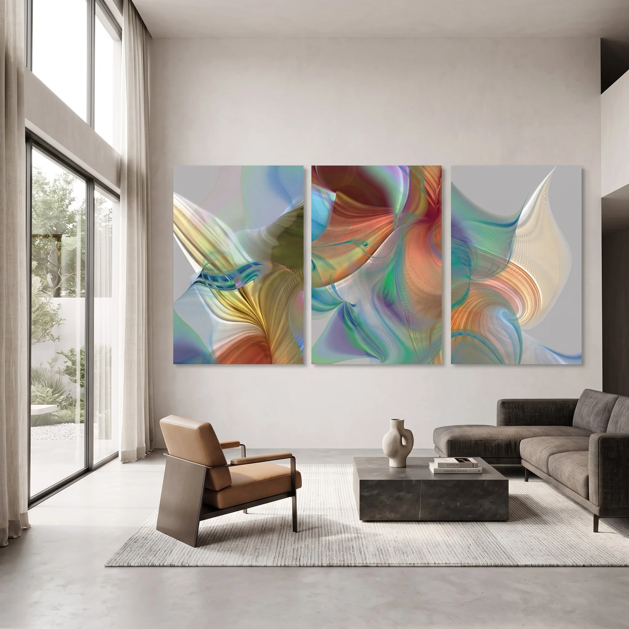 Abstract triptych on a white wall in a minimalist living room a brown leather armchair, a dark grey sectional sofa, a stone block coffee table, and large glass doors garden view.