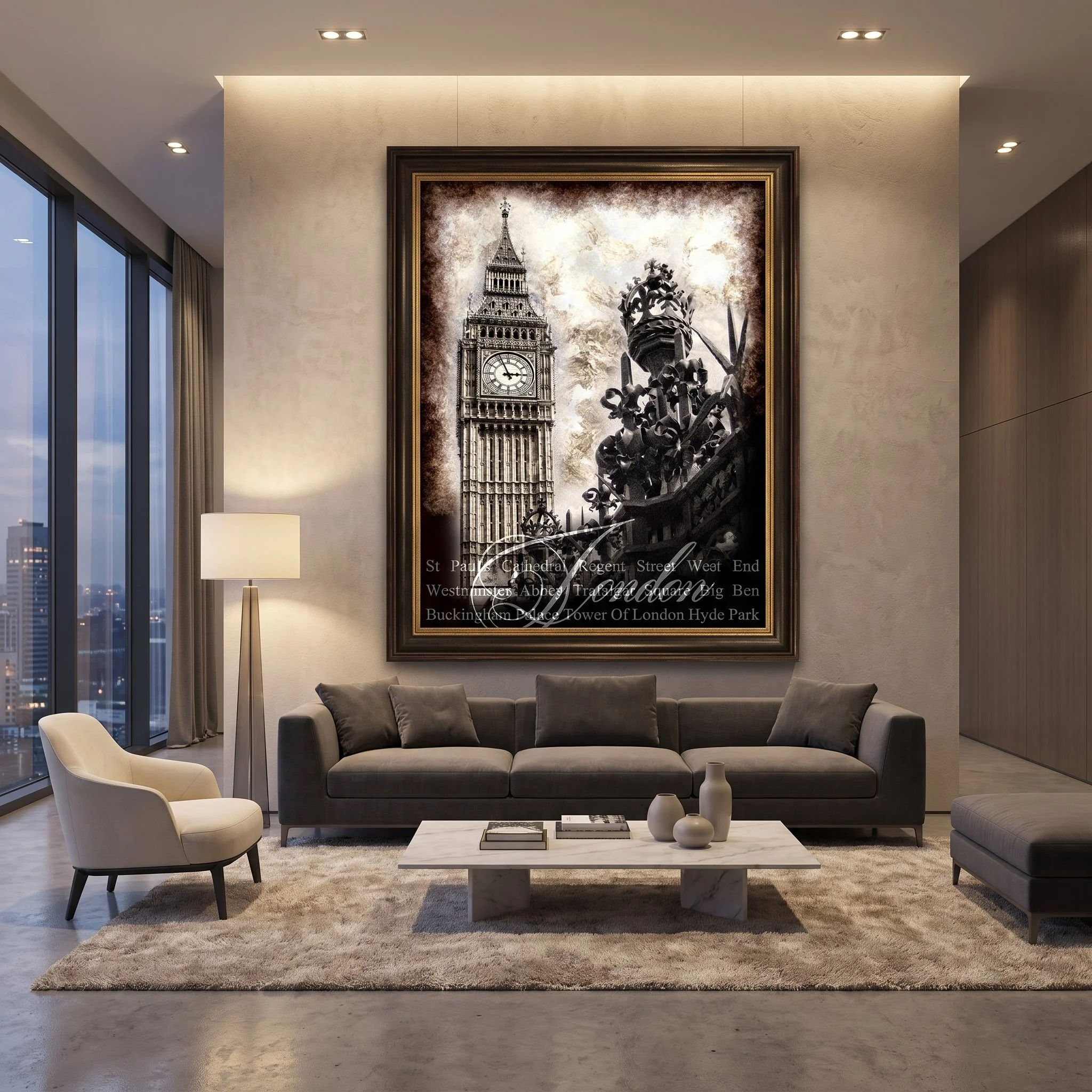 Large fine art print of London Big Ben hanging on a beige wall in a modern upscale living room with a gray sofa and textured rug