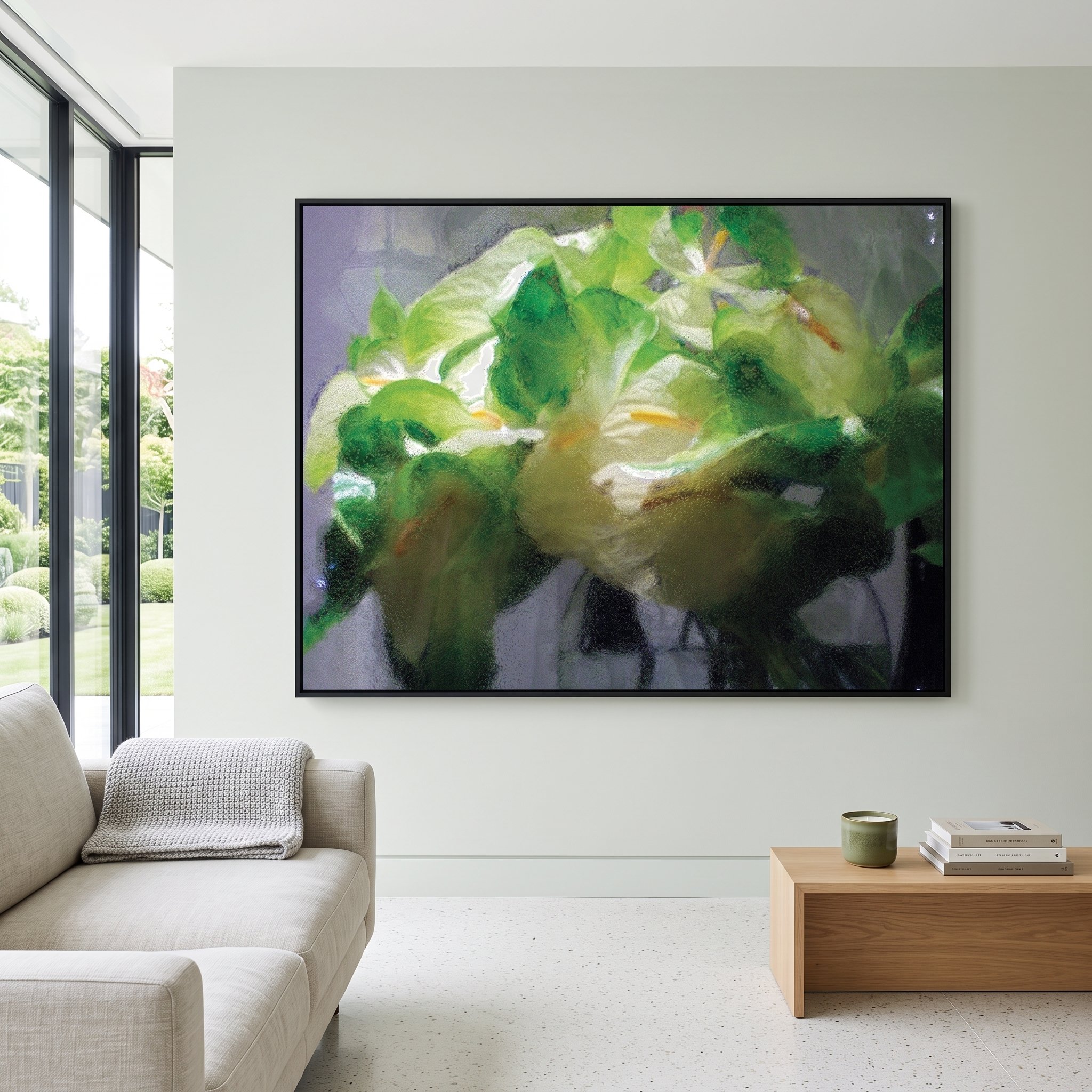 Large canvas art with a green and white floral abstract design hanging in a bright, minimalist room featuring a beige sofa, wooden coffee table, and a garden view.