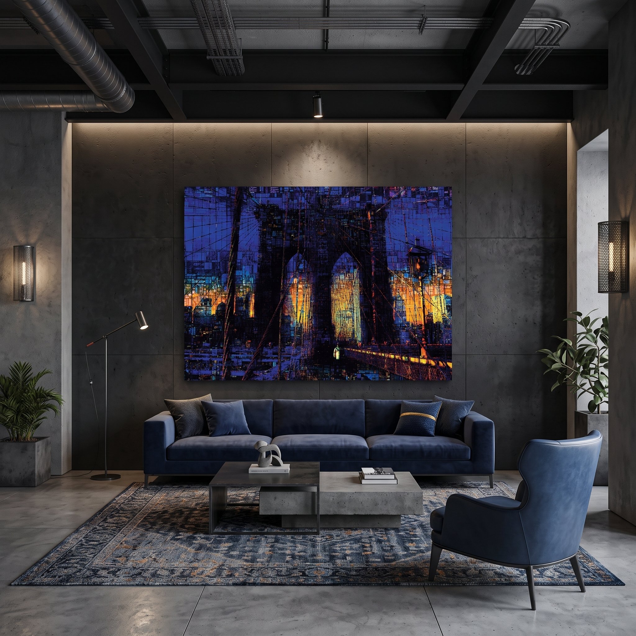 Large-format Brooklyn Bridge night painting hanging on the dark concrete wall of an industrial living room with blue sofas, an ornamental rug, and spotlighting