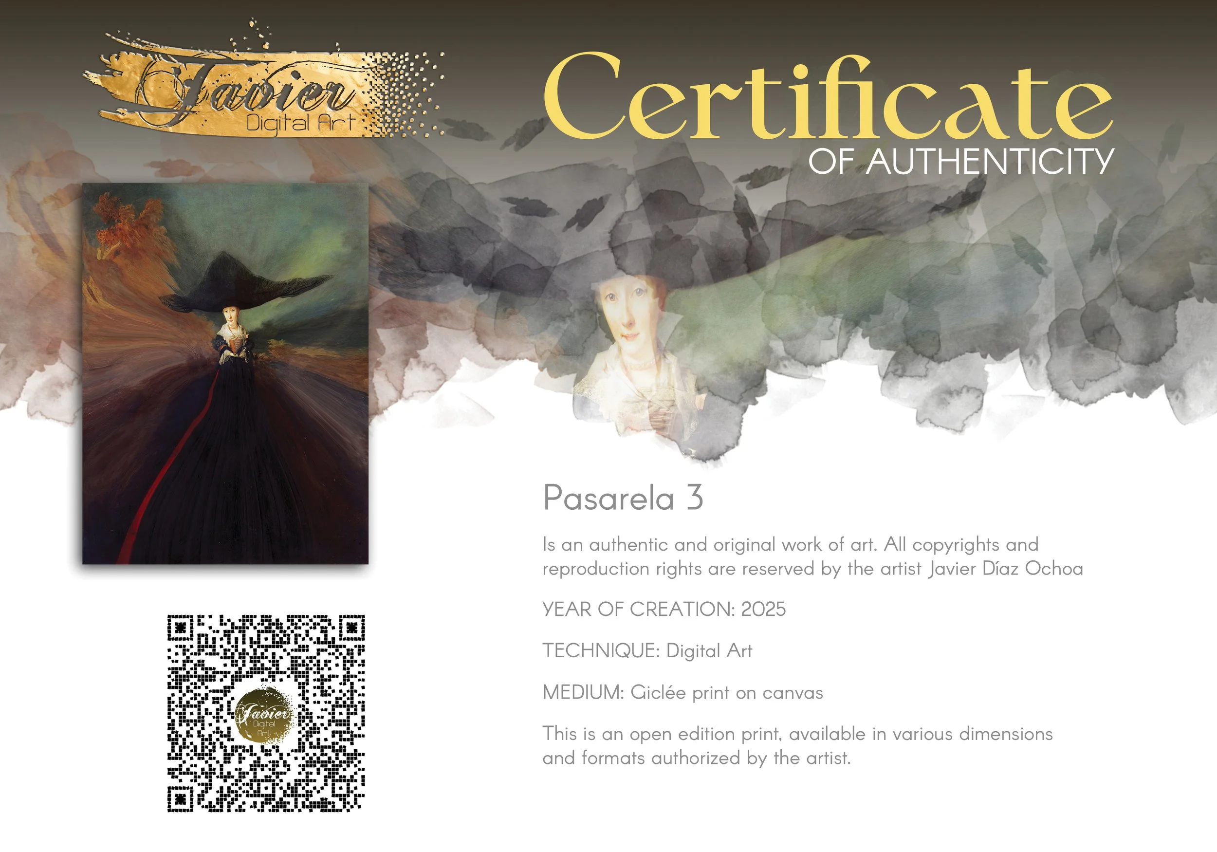 Contemporary fine art of a surreal deconstruction of a classical portrait, featuring a woman with a large black hat and a sweeping dark gown, framed and ready to hang. Certificate of Authenticity