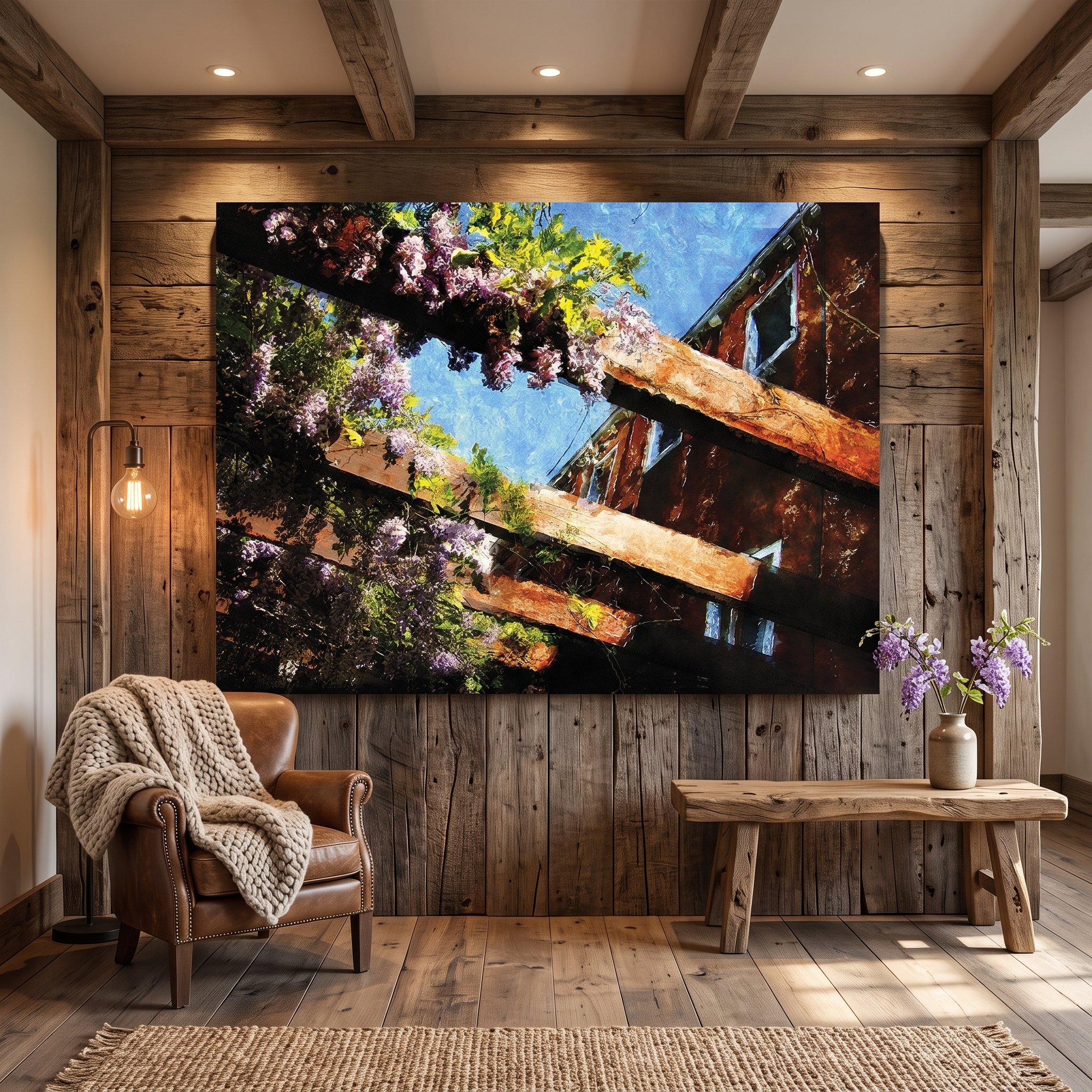 Large canvas art depicting a rustic architectural scene with wisteria hanging on a wood-paneled wall in a rustic cabin, featuring a leather armchair and wooden bench.