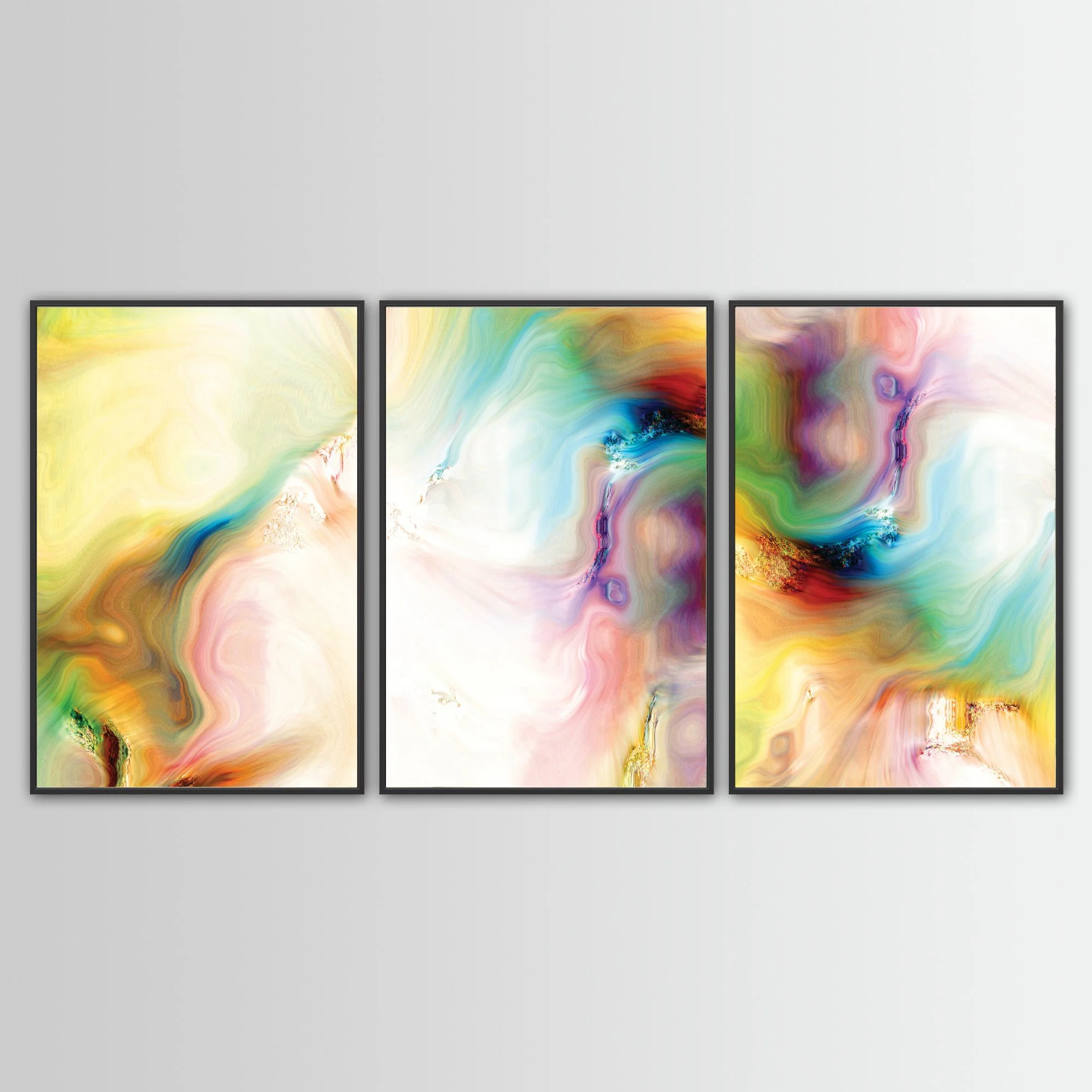 Abstract fine art triptych with textures and swirls in  yellow, green, turquoise, and pink with gold accents on a white background, framed and ready to hang. With black frame